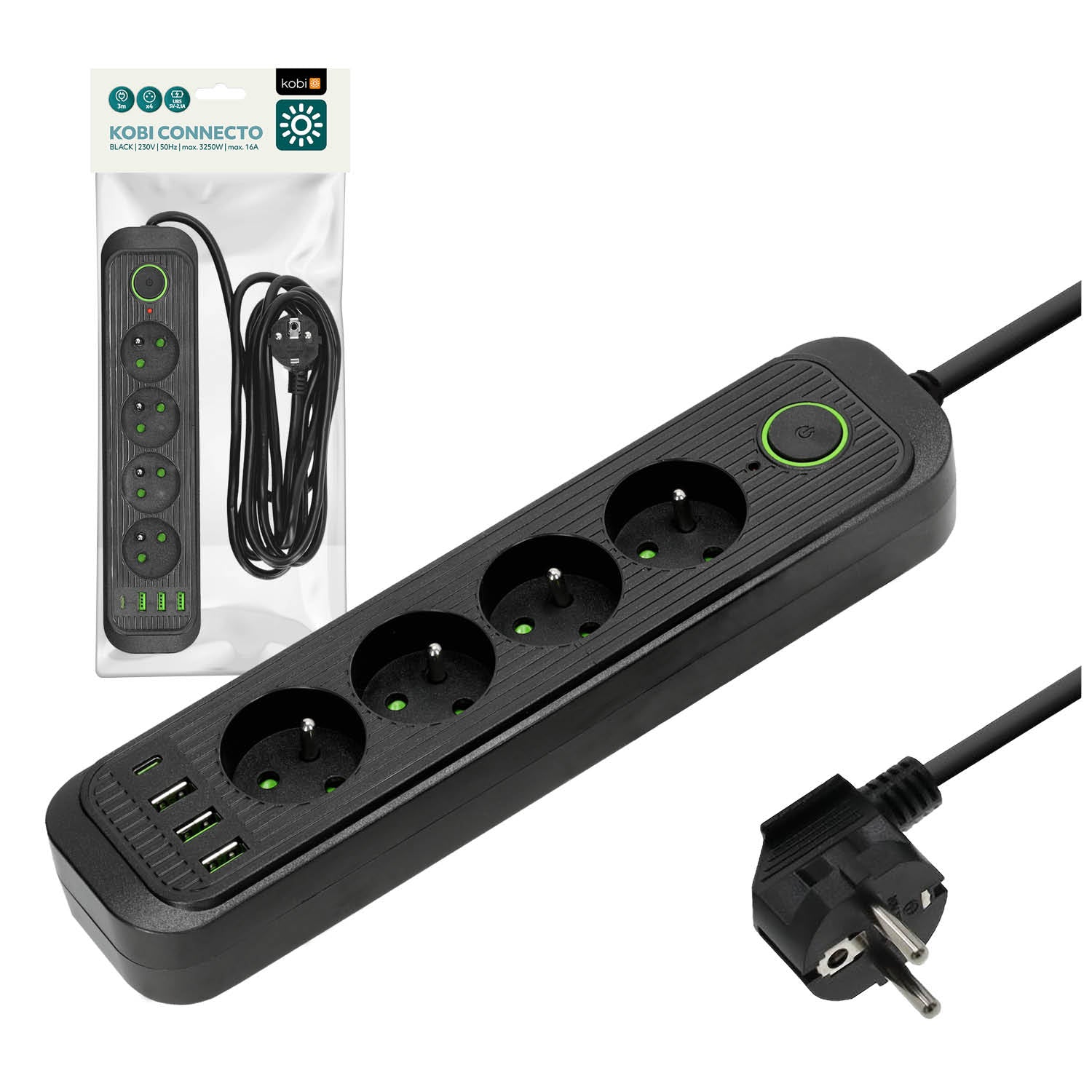Extension cord CONNECTO 4 sockets+USB/3m/Zu+W/1,5mm black Kobi Design