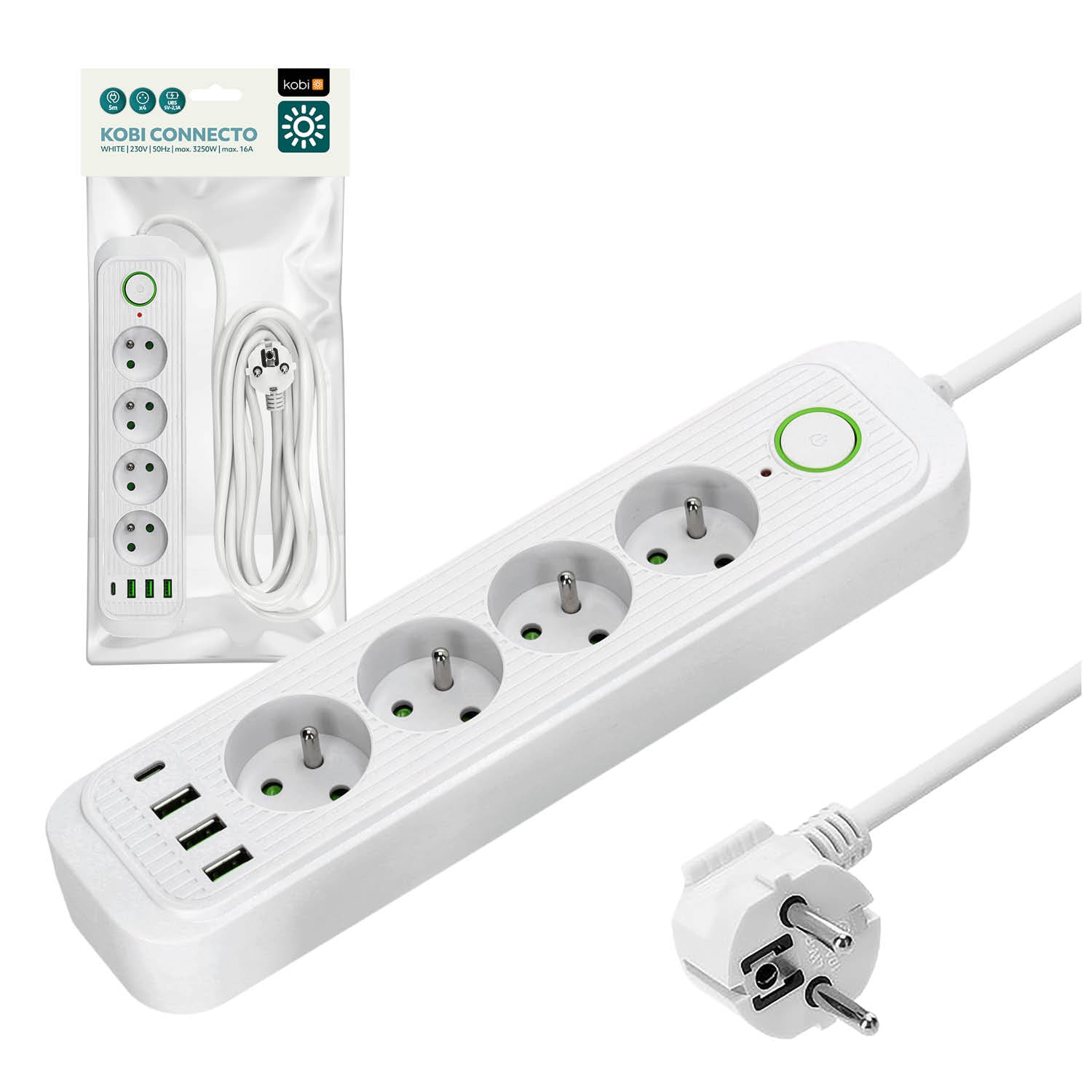 Extension cord CONNECTO 4 sockets+USB/5m/Zu+W/1,5mm white Kobi Design