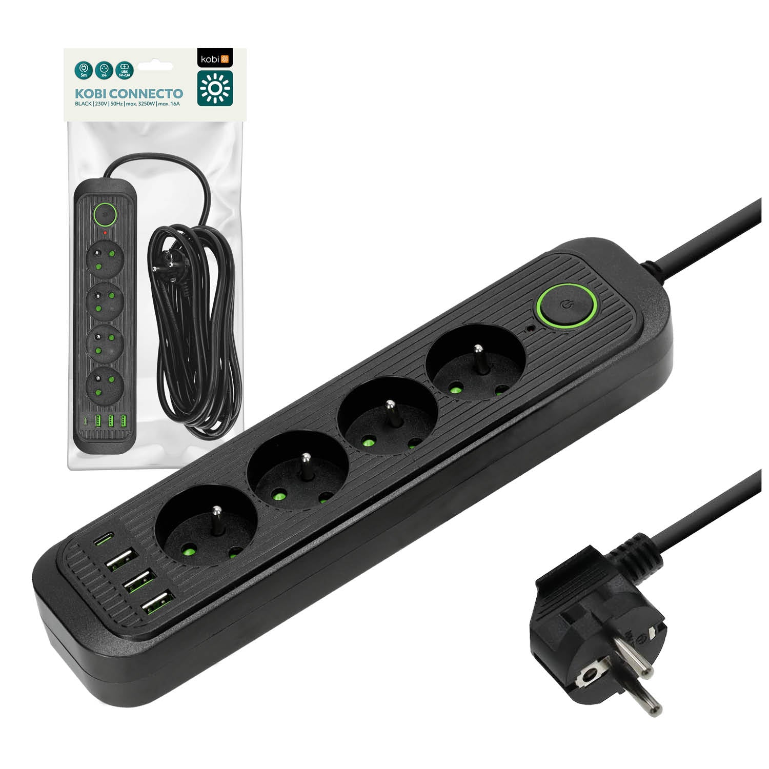 Extension cord CONNECTO 4 sockets+USB/5m/Zu+W/1,5mm black Kobi Design
