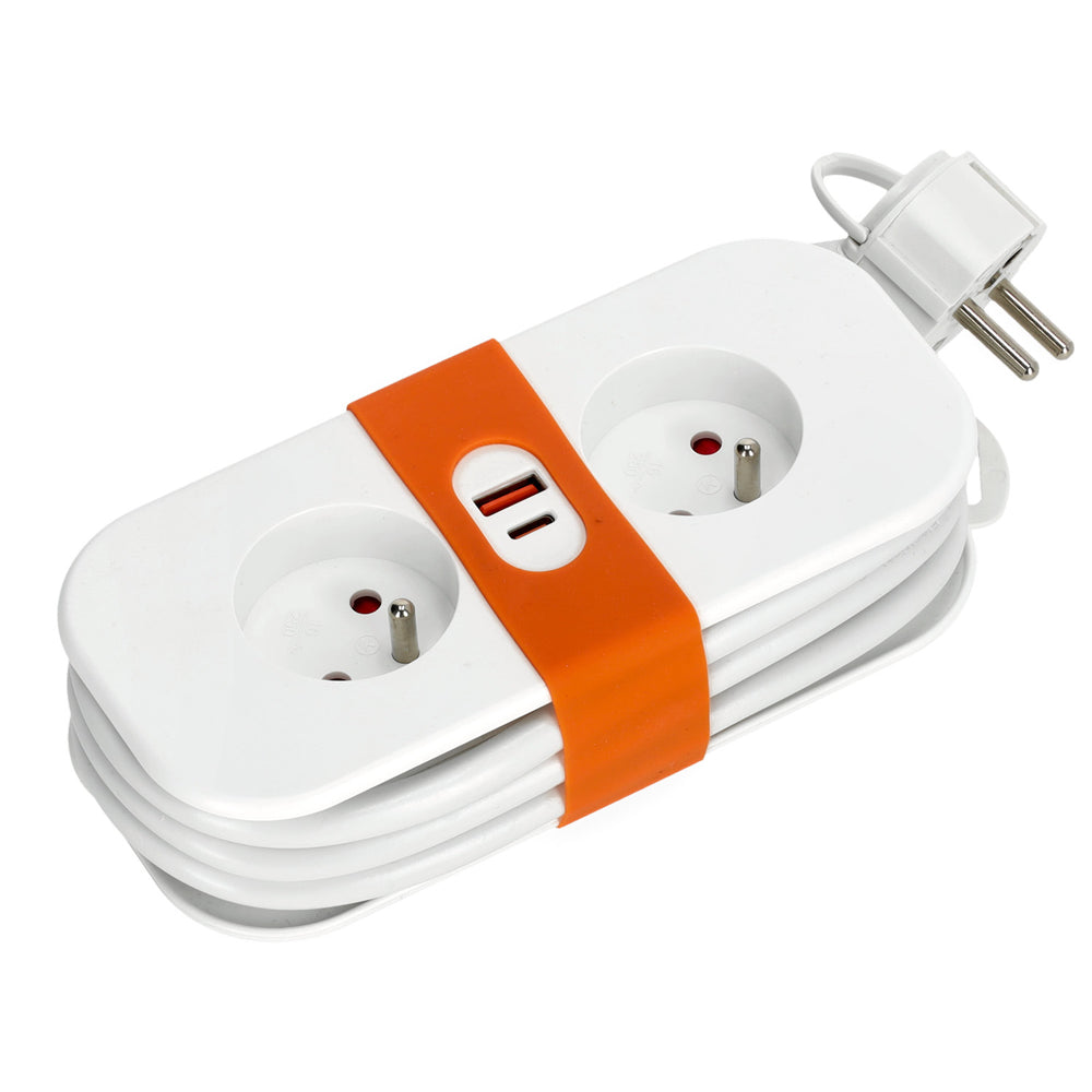 Extension cord FLOWFLEXER ORANGE W 2 sockets+USB/1,4m/Zu/1,5mm white Kobi Design