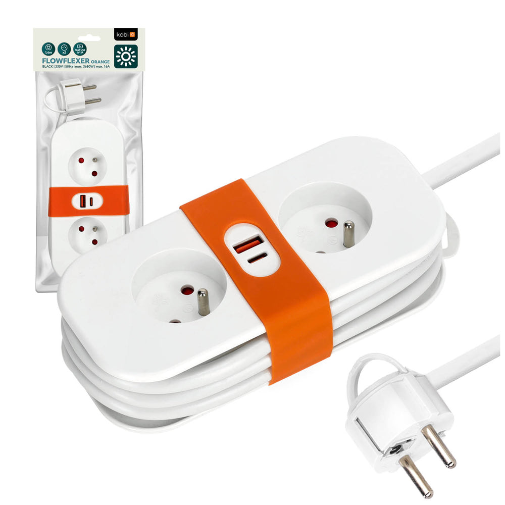 Extension cord FLOWFLEXER ORANGE W 2 sockets+USB/1,4m/Zu/1,5mm white Kobi Design