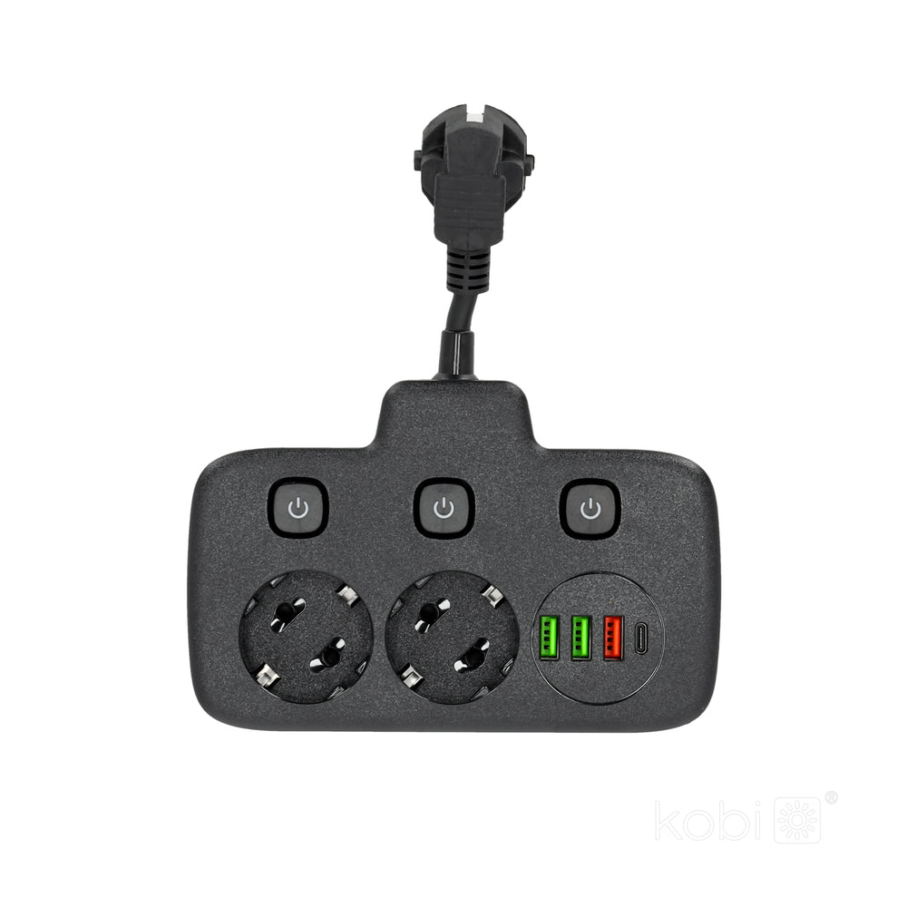 Extension cord KOBI LINEA PRO FL 2 sockets+3USB/1USB-C/0,2m black Kobi