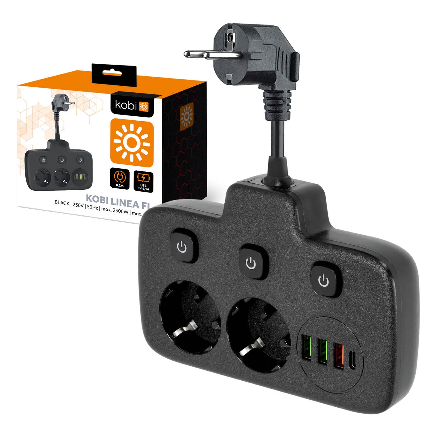 Extension cord KOBI LINEA PRO FL 2 sockets+3USB/1USB-C/0,2m black Kobi