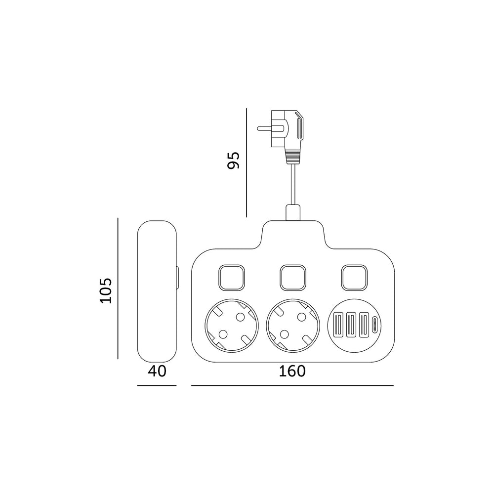 Extension cord KOBI LINEA PRO FL 2 sockets+3USB/1USB-C/0,2m black Kobi
