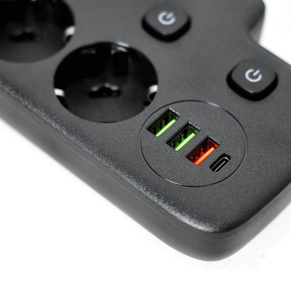 Extension cord KOBI LINEA PRO FL 2 sockets+3USB/1USB-C/0,2m black Kobi