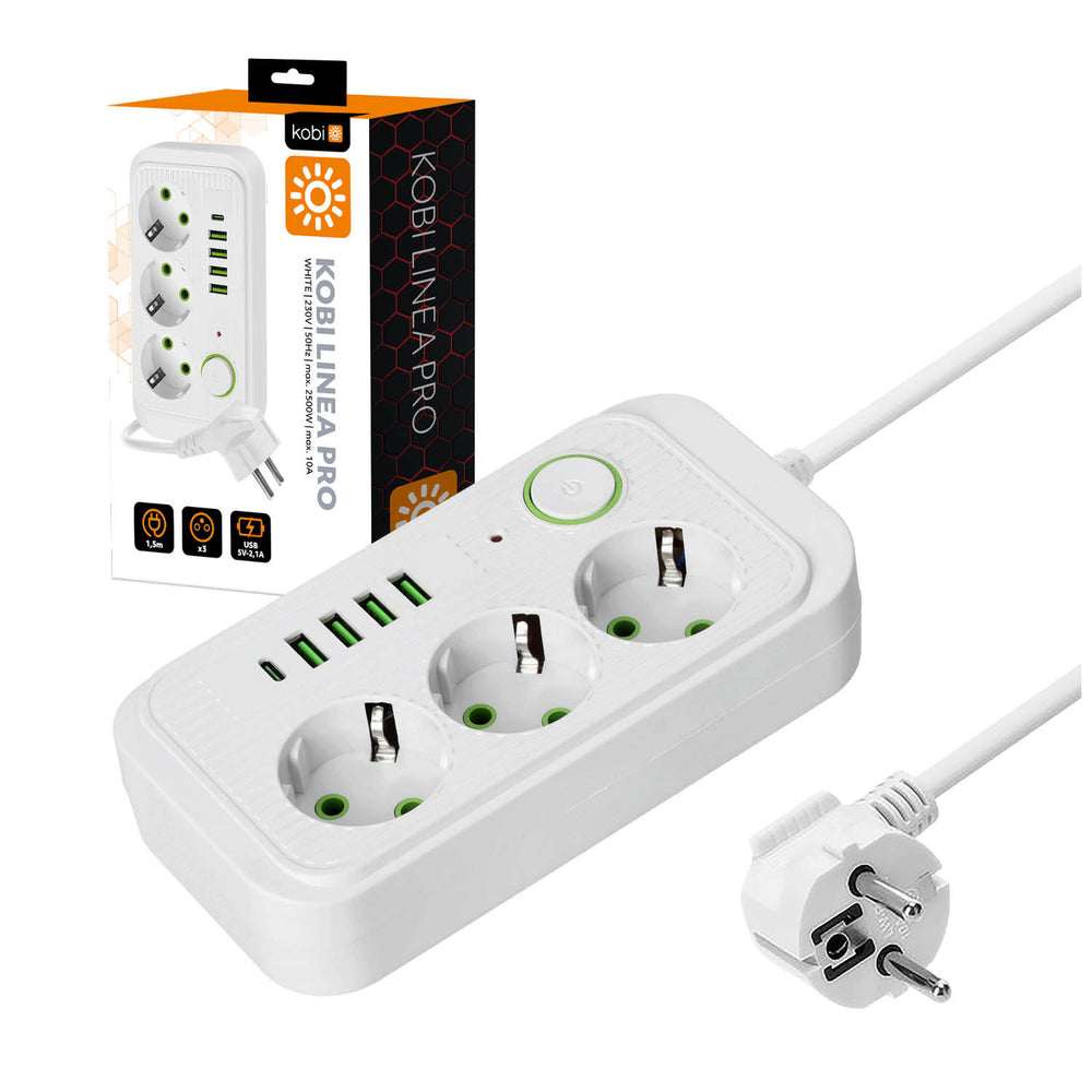 Extension cord KOBI LINEA PRO 3 sockets+4USB/1USB-C/1,5m/Zu+W white Kobi