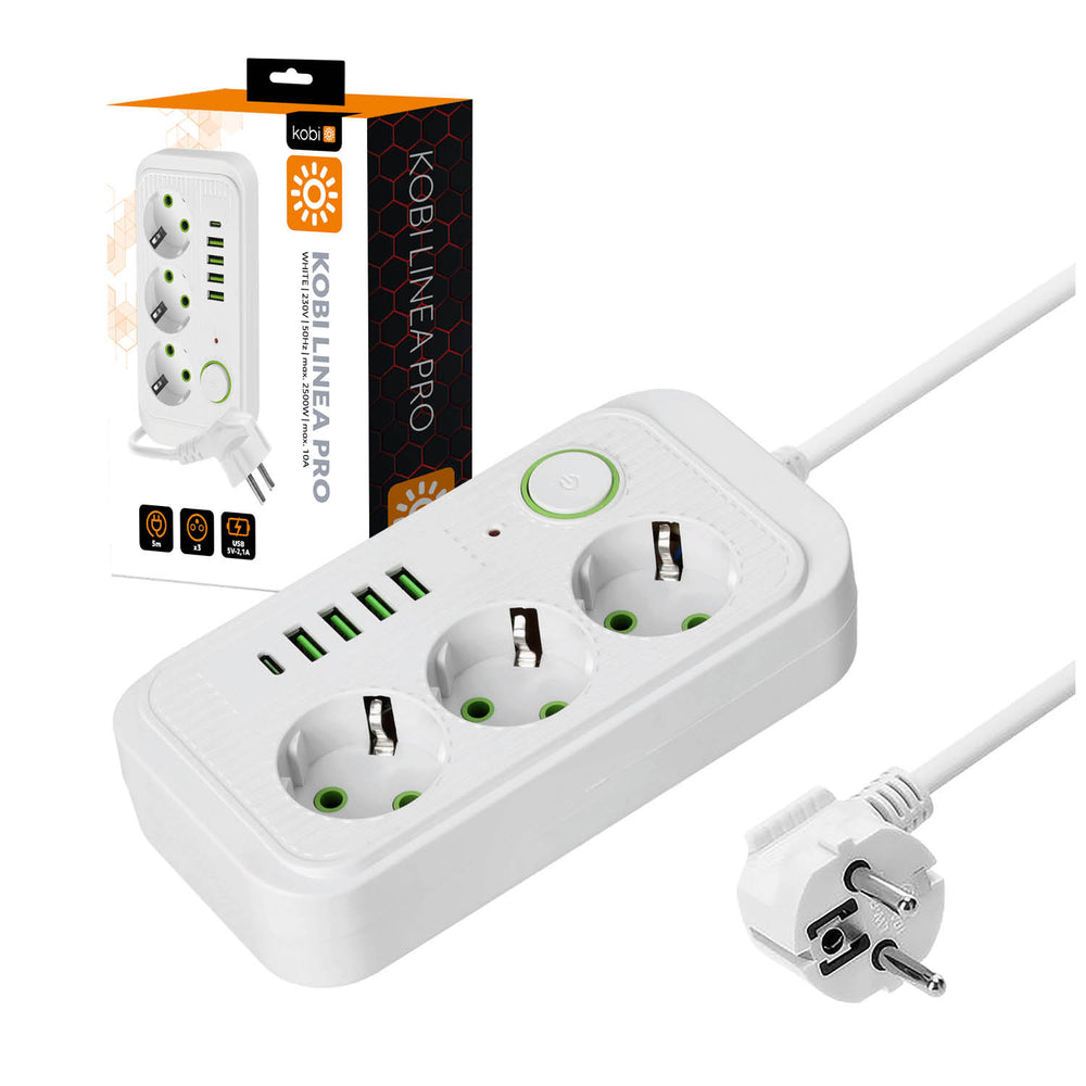 Extension cord KOBI LINEA PRO 3 sockets+4USB/1USB-C/5m/Zu+W white Kobi