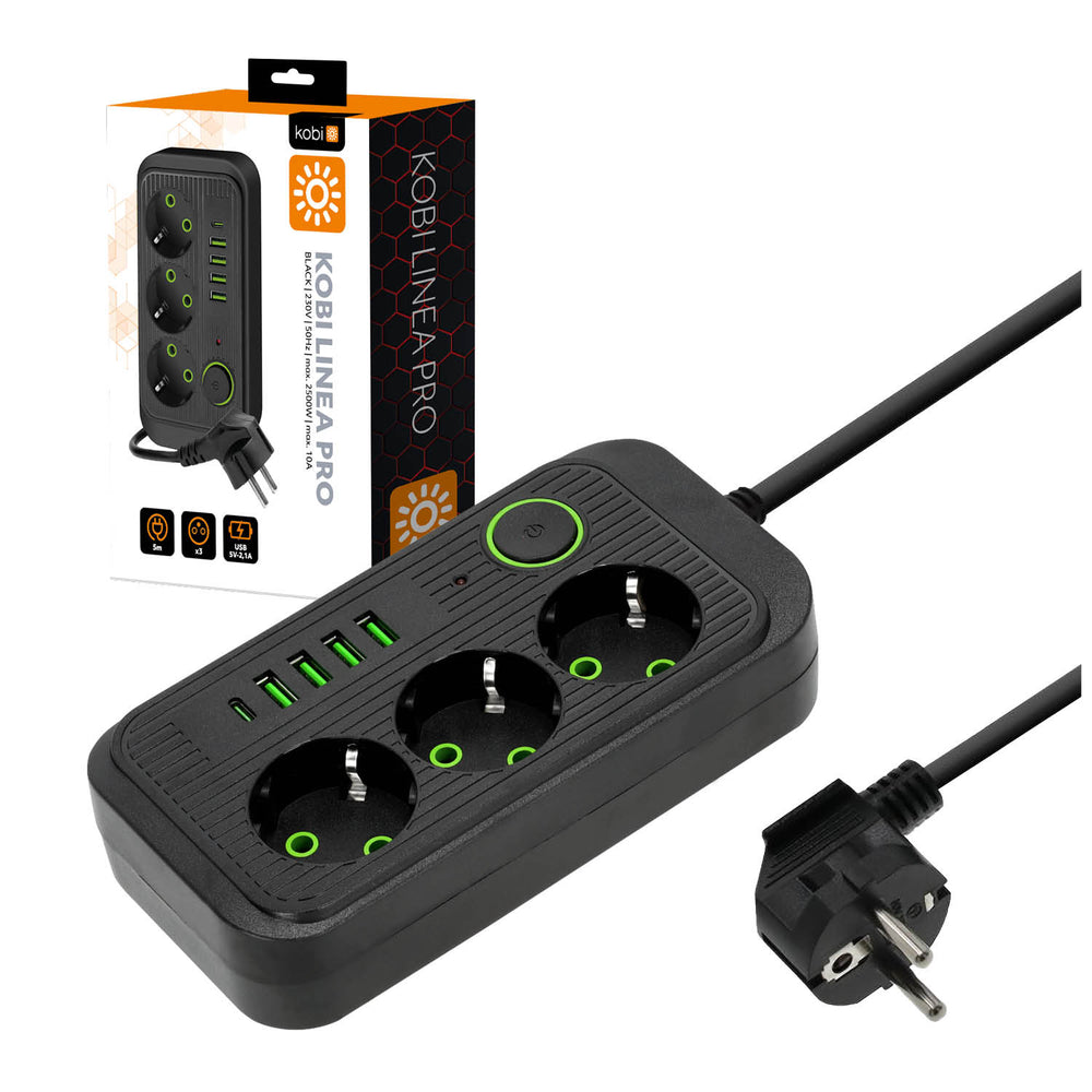 Extension cord KOBI LINEA PRO 3gn+4USB/1USB-C/5m/Zu+W black Kobi