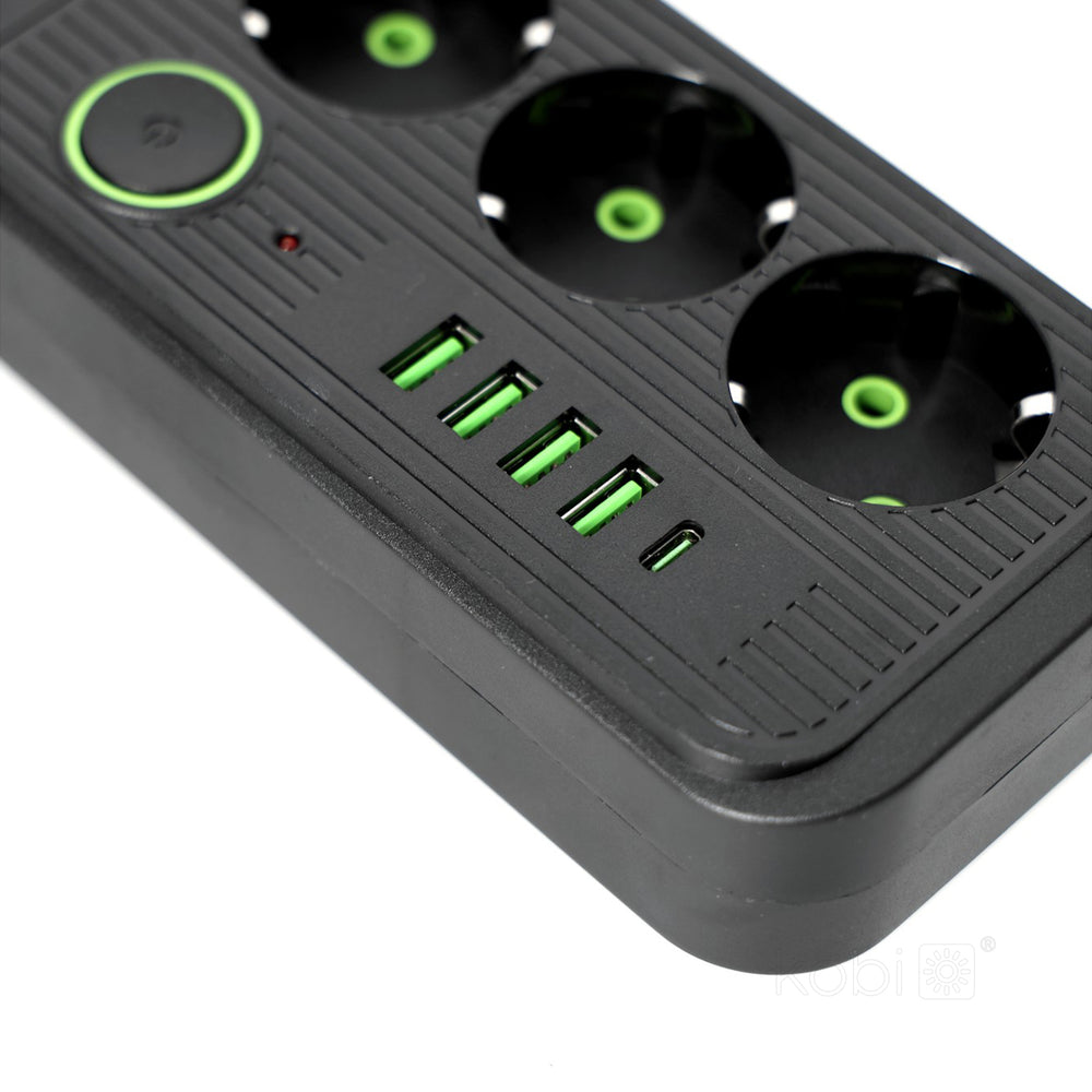 Extension cord KOBI LINEA PRO 3gn+4USB/1USB-C/5m/Zu+W black Kobi