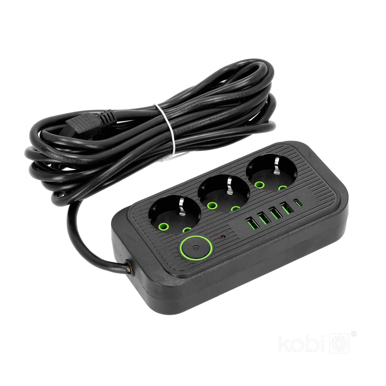 Extension cord KOBI LINEA PRO 3gn+4USB/1USB-C/5m/Zu+W black Kobi