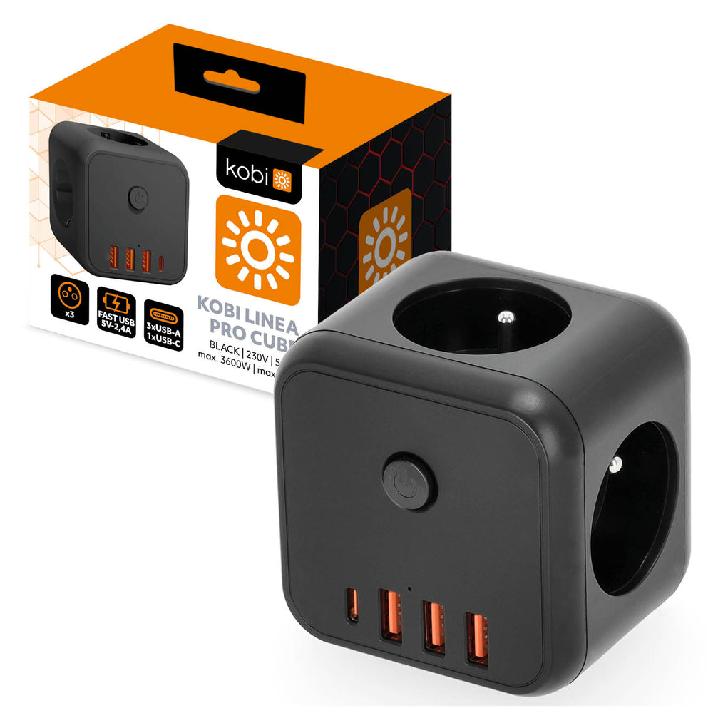 Extension cord KOBI LINEA PRO CUBE 3 sockets+3USB/1USB-C/Zu+W black Kobi