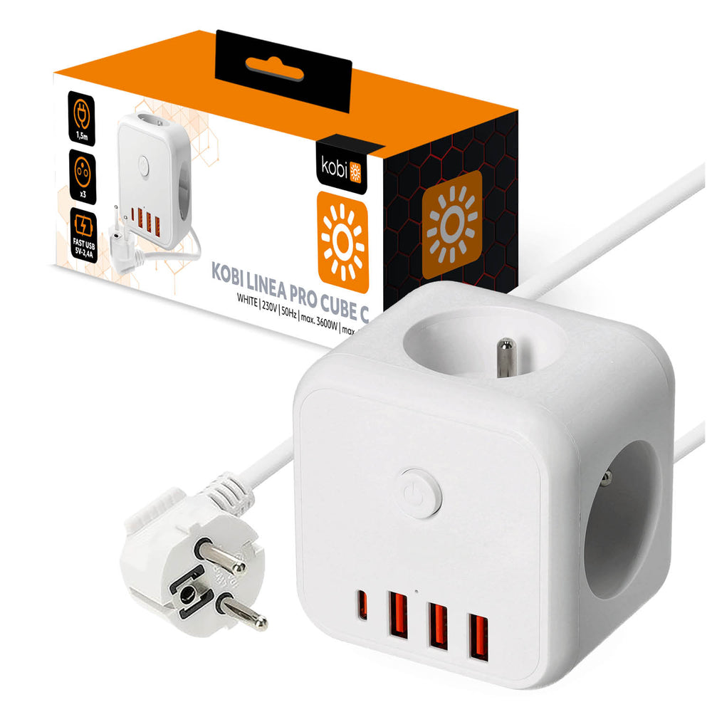 Extension cord KOBI LINEA PRO CUBE C 3 sockets+3USB/1USB-C/1,5m/Zu+W white Kobi