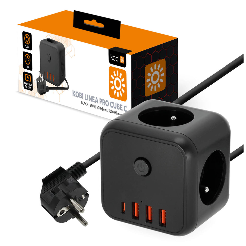 Extension cord KOBI LINEA PRO CUBE C 3 sockets+3USB/1USB-C/1,5m/Zu+W black Kobi