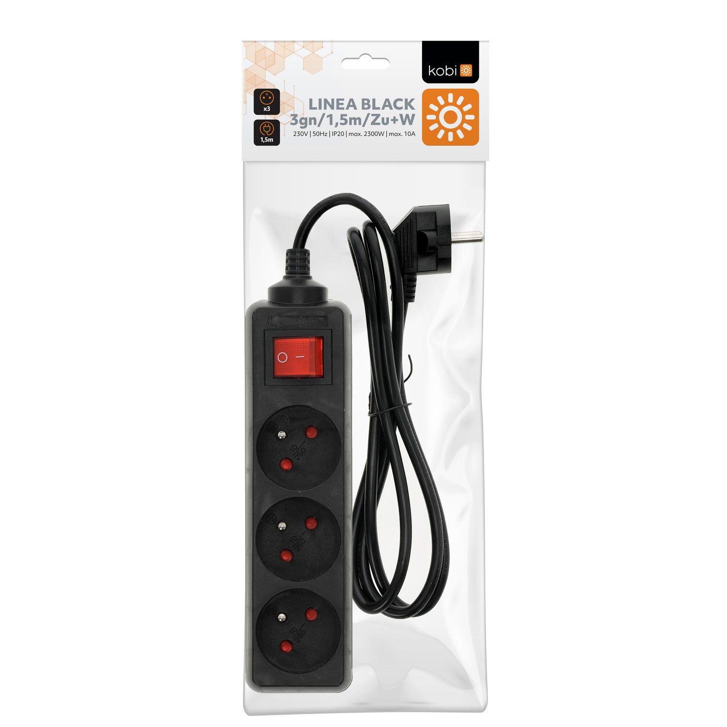 Extension cord LINEA 3gn/1,5m/Zu+W black Kobi