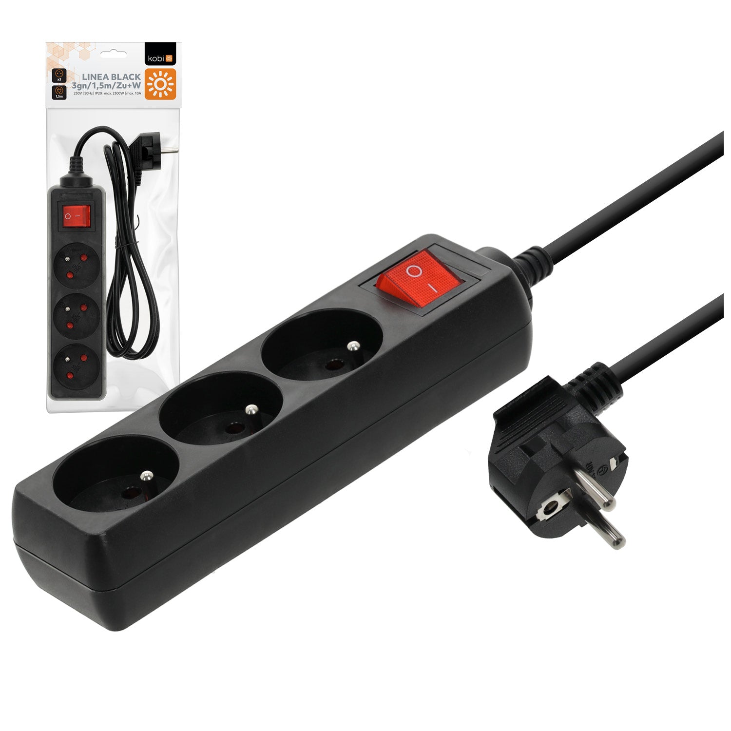 Extension cord LINEA 3gn/1,5m/Zu+W black Kobi