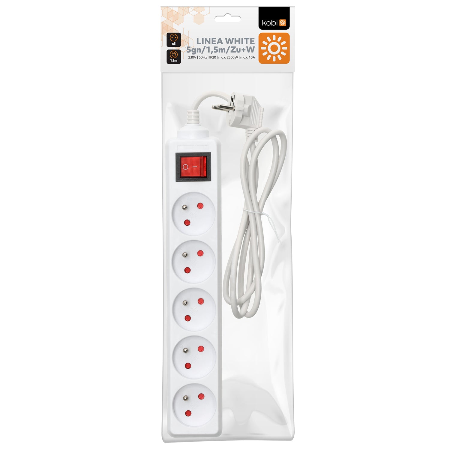 Przedłużacz LINEA 5gn/1,5m/Zu+W biały Kobi
