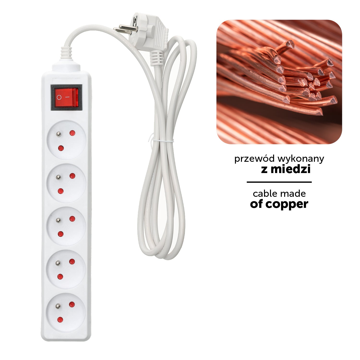 Przedłużacz LINEA 5gn/1,5m/Zu+W biały Kobi