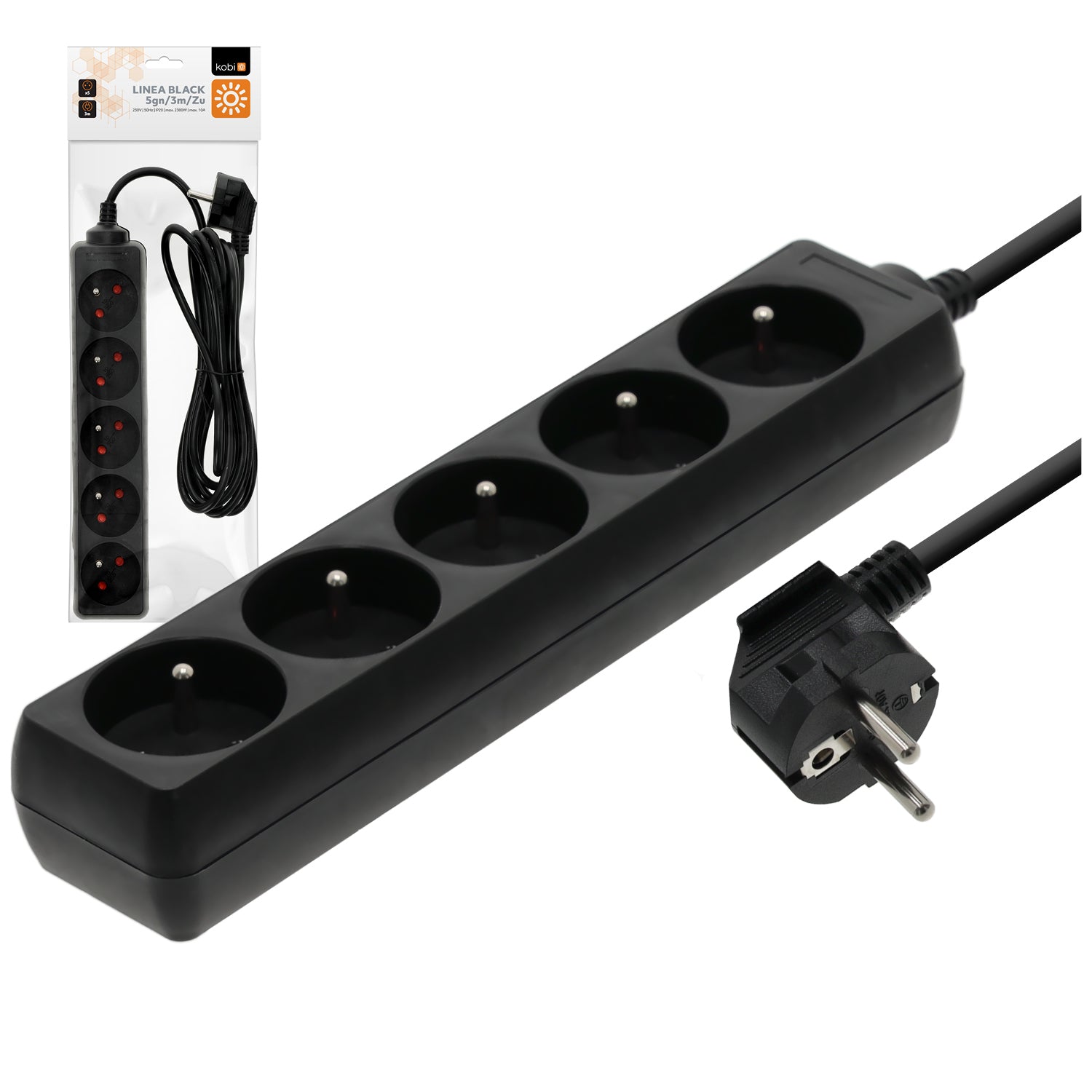 Extension cord LINEA 5gn/3m/Zu black Kobi