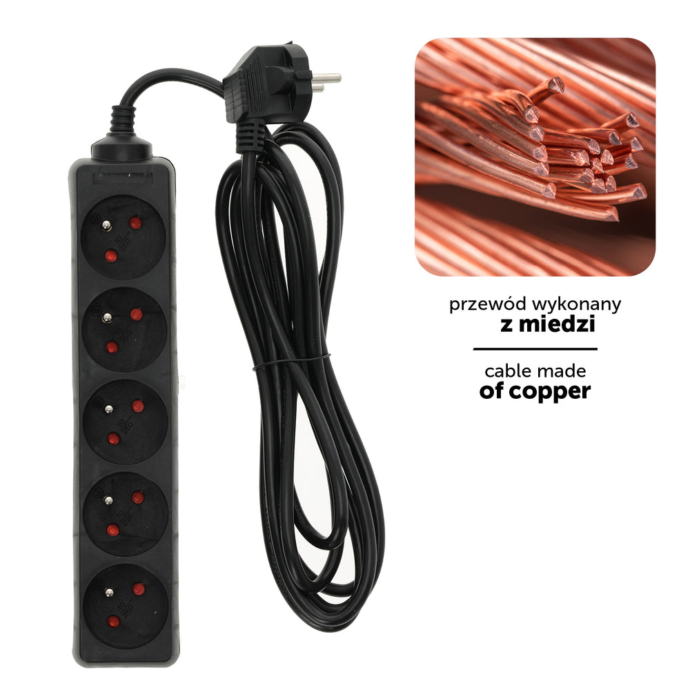 Extension cord LINEA 5gn/3m/Zu black Kobi