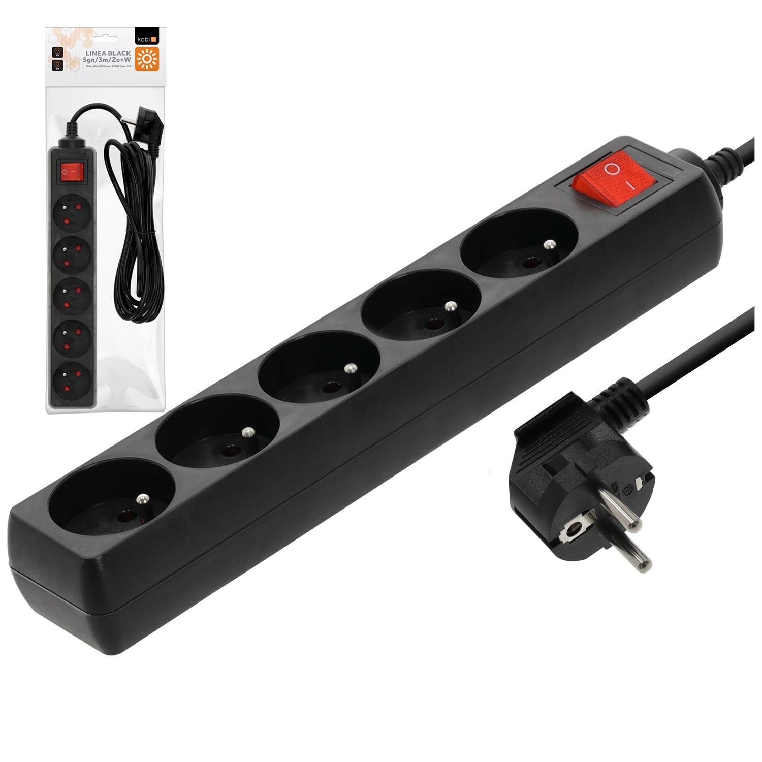 Extension cord LINEA 5gn/3m/Zu+W black Kobi