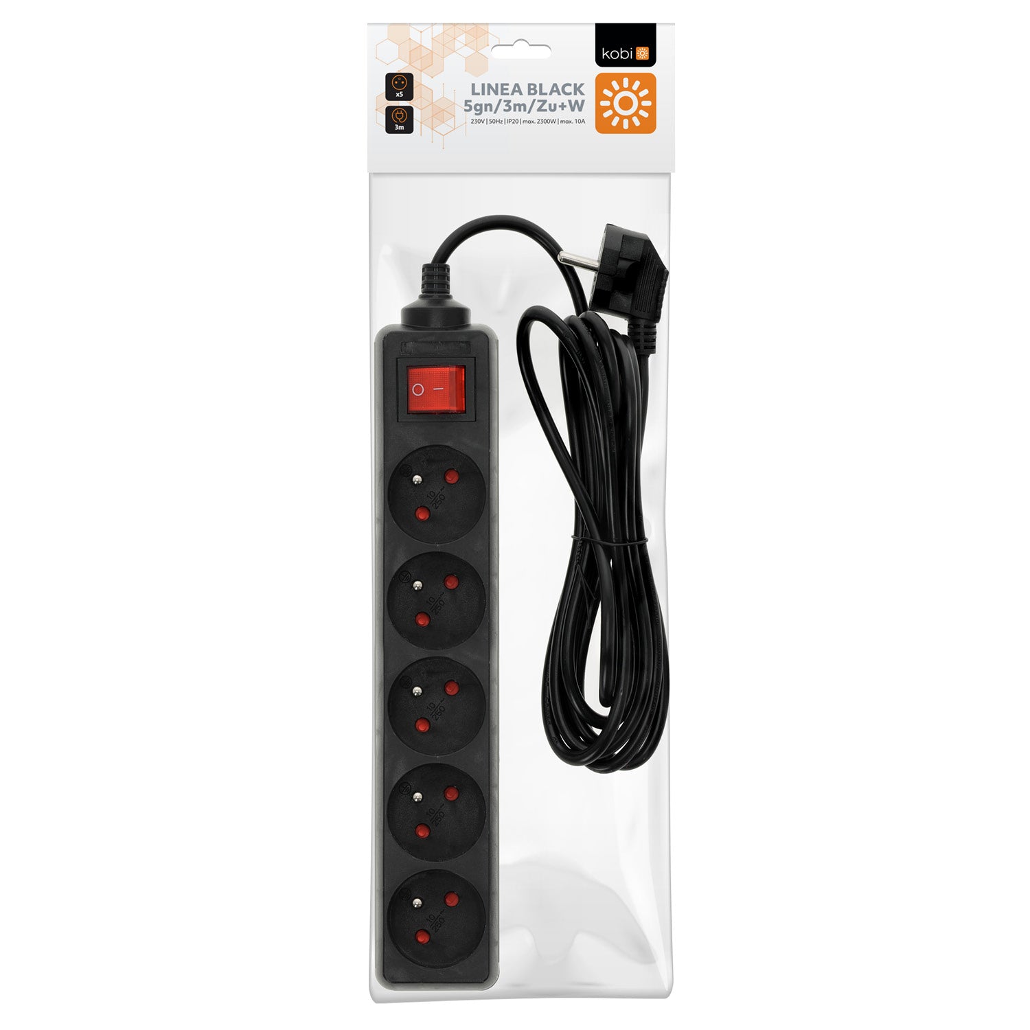 Extension cord LINEA 5gn/3m/Zu+W black Kobi