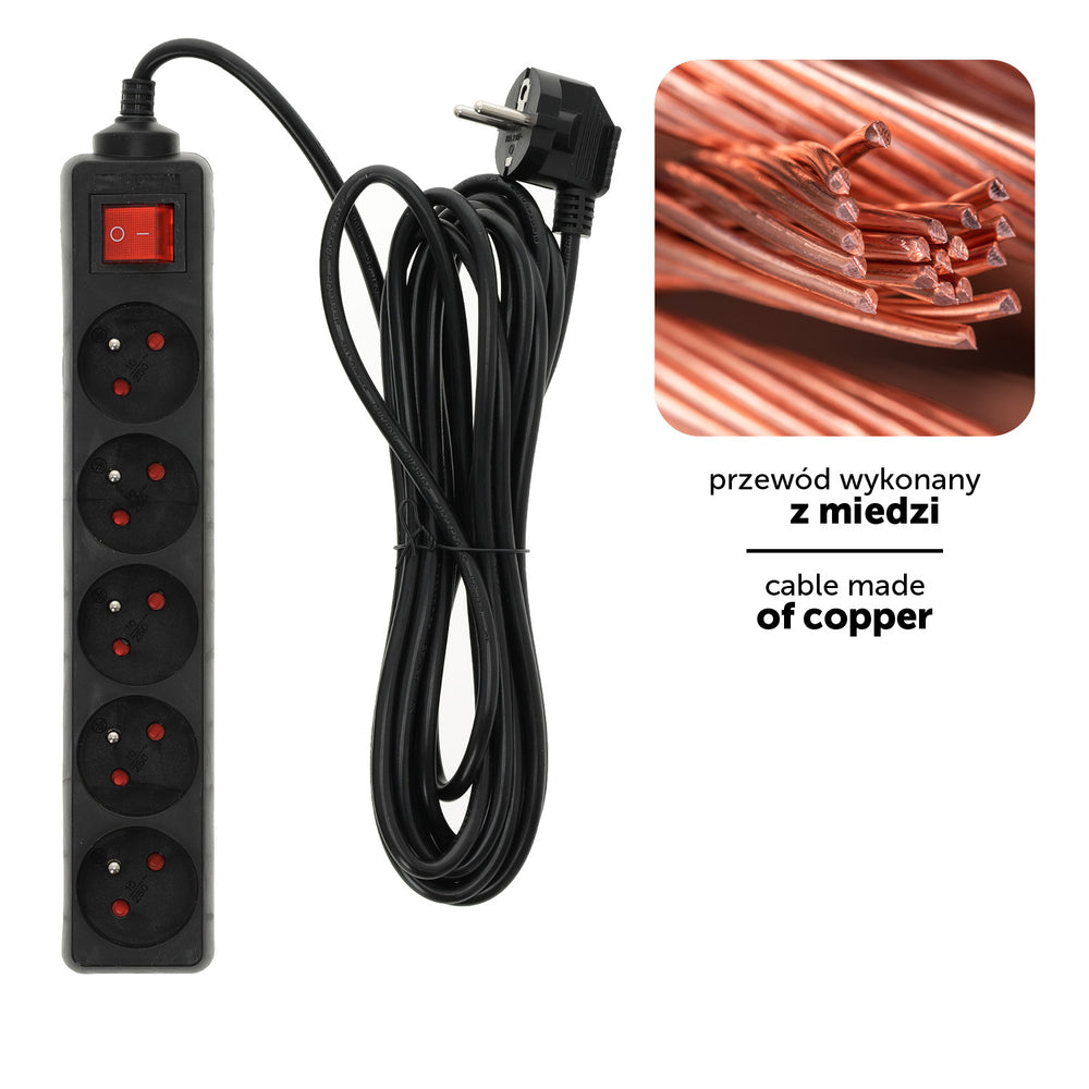 Extension cord LINEA 5gn/5m/Zu+W black Kobi