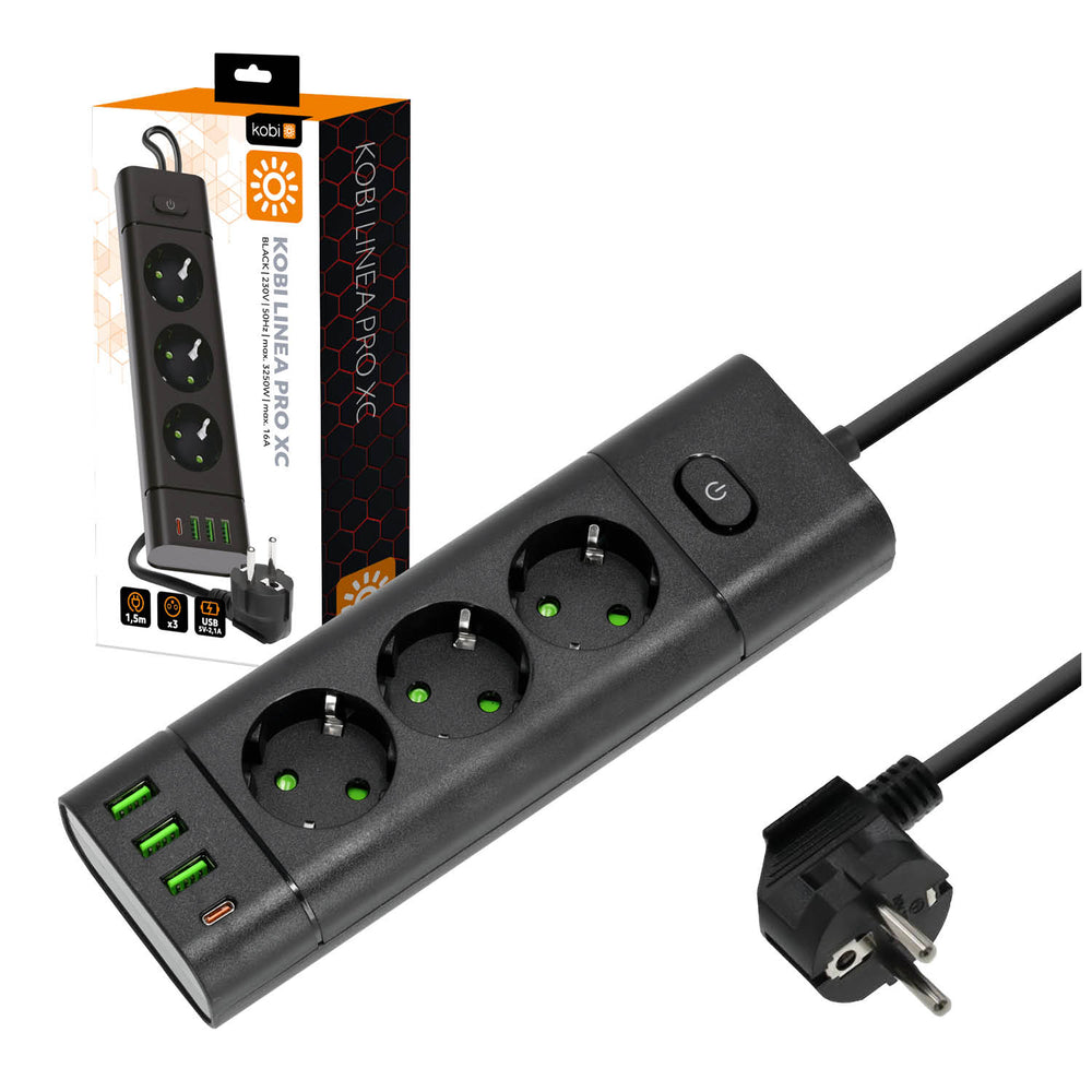 Extension cord KOBI LINEA PRO XC 3 sockets+3USB/1USB-C/1,5m/Zu+W black Kobi