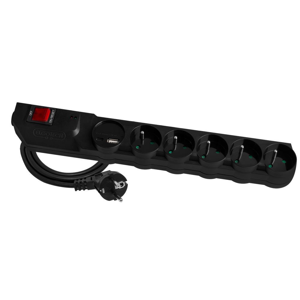 Surge extension cord MPSF2U-503-2 5s/3m/+grounding+switch/1mm with protective system black Elgotech