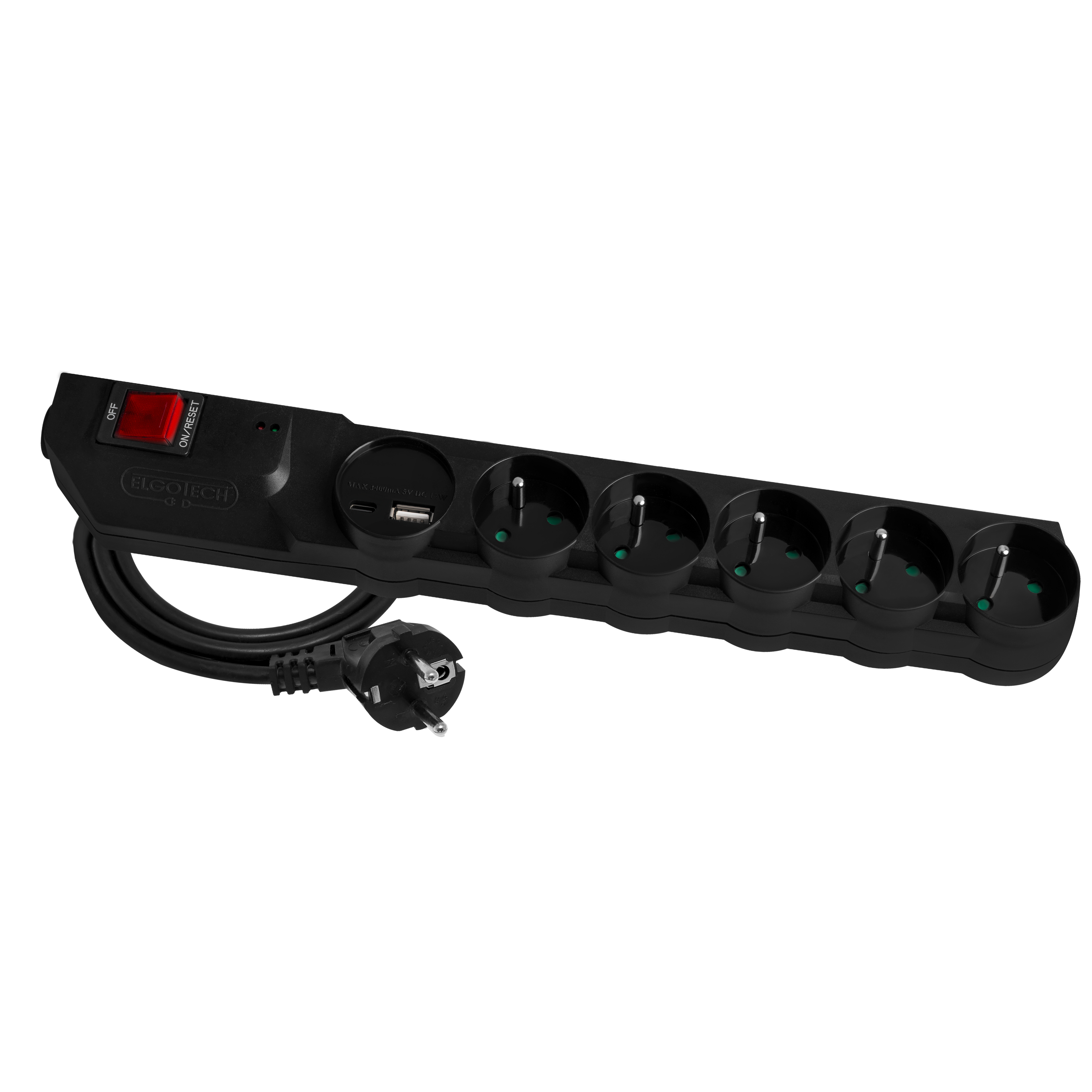 Surge extension cord MPSF2U-503-2 5s/3m/+grounding+switch/1mm with protective system black Elgotech