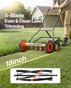 VEVOR Push Reel Lawn Mower 45 cm, 5 Blades Manual Push Mower No Motor, 35- 62mm Adjustable Cutting Height, Walk-Behind Lawn Mowers with Grass Catcher Bag for Green Lawns, Driveways, Courtyards