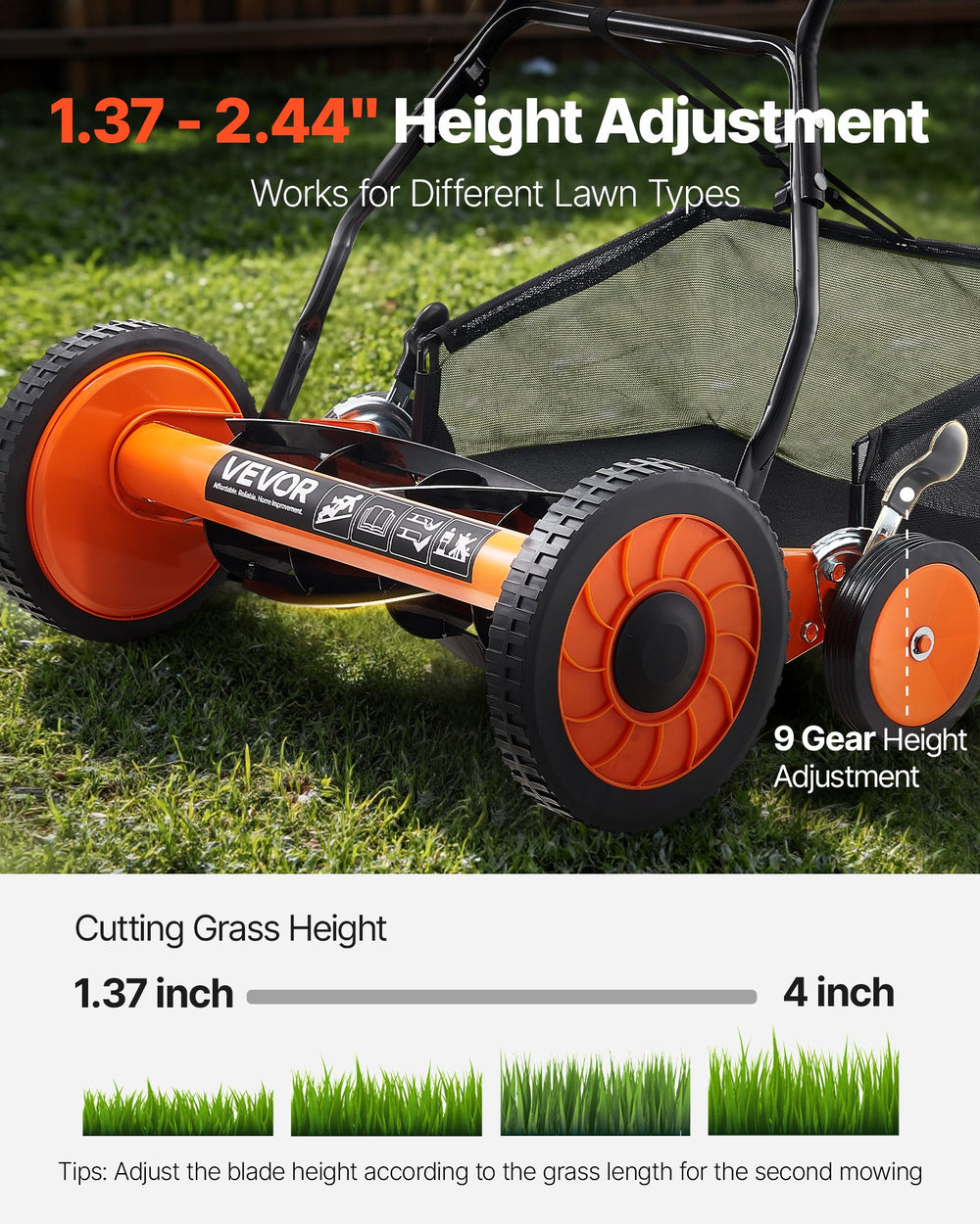 VEVOR Push Reel Lawn Mower 45 cm, 5 Blades Manual Push Mower No Motor, 35- 62mm Adjustable Cutting Height, Walk-Behind Lawn Mowers with Grass Catcher Bag for Green Lawns, Driveways, Courtyards
