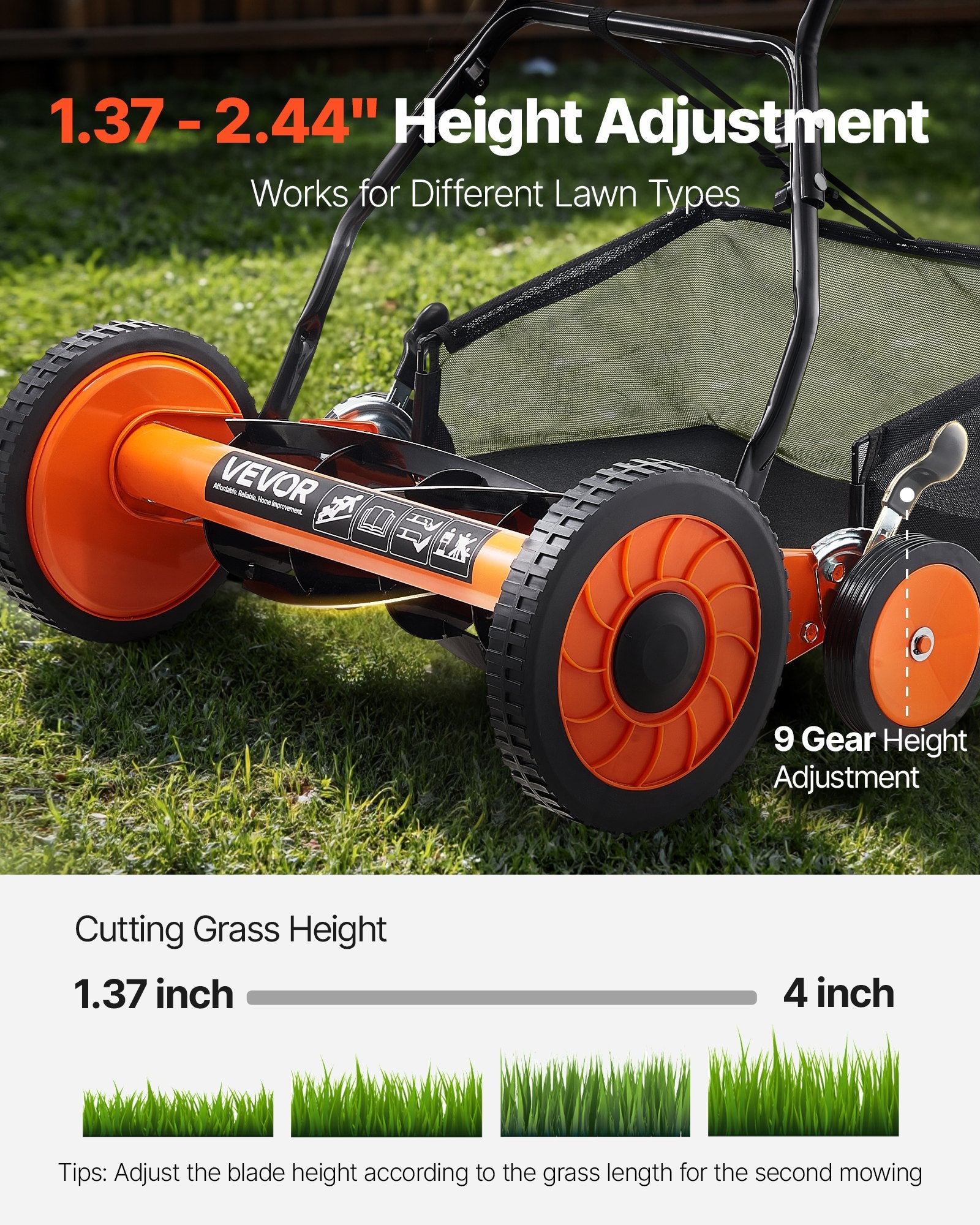 VEVOR Push Reel Lawn Mower 45 cm, 5 Blades Manual Push Mower No Motor, 35- 62mm Adjustable Cutting Height, Walk-Behind Lawn Mowers with Grass Catcher Bag for Green Lawns, Driveways, Courtyards