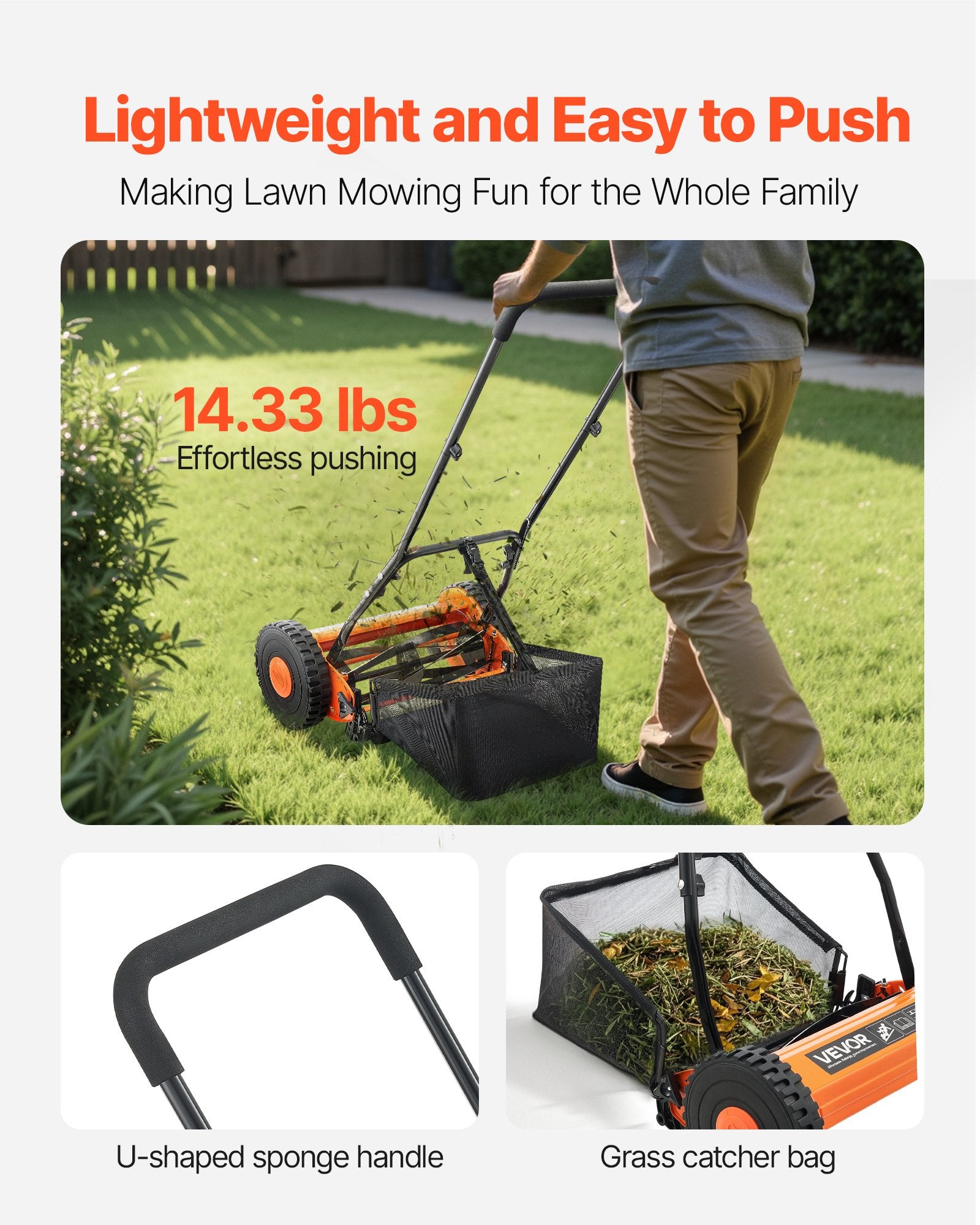 VEVOR Push Reel Lawn Mower 35 cm, 5 Blades Manual Push Mower No Motor, 15-45 mm Adjustable Cutting Height, Walk-Behind Lawn Mowers with Grass Catcher Bag for Green Lawns, Driveways, Courtyards