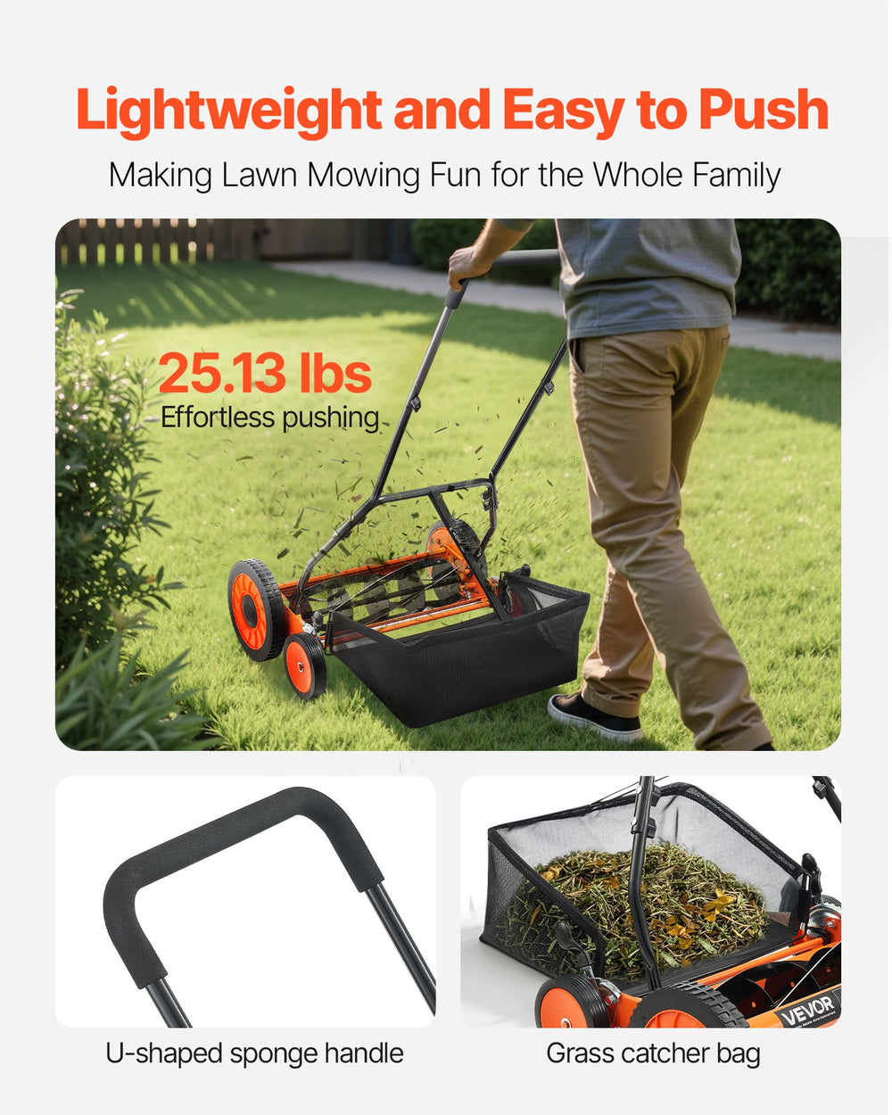 VEVOR Push Reel Lawn Mower 45 cm, 5 Blades Manual Push Mower No Motor, 35- 62mm Adjustable Cutting Height, Walk-Behind Lawn Mowers with Grass Catcher Bag for Green Lawns, Driveways, Courtyards