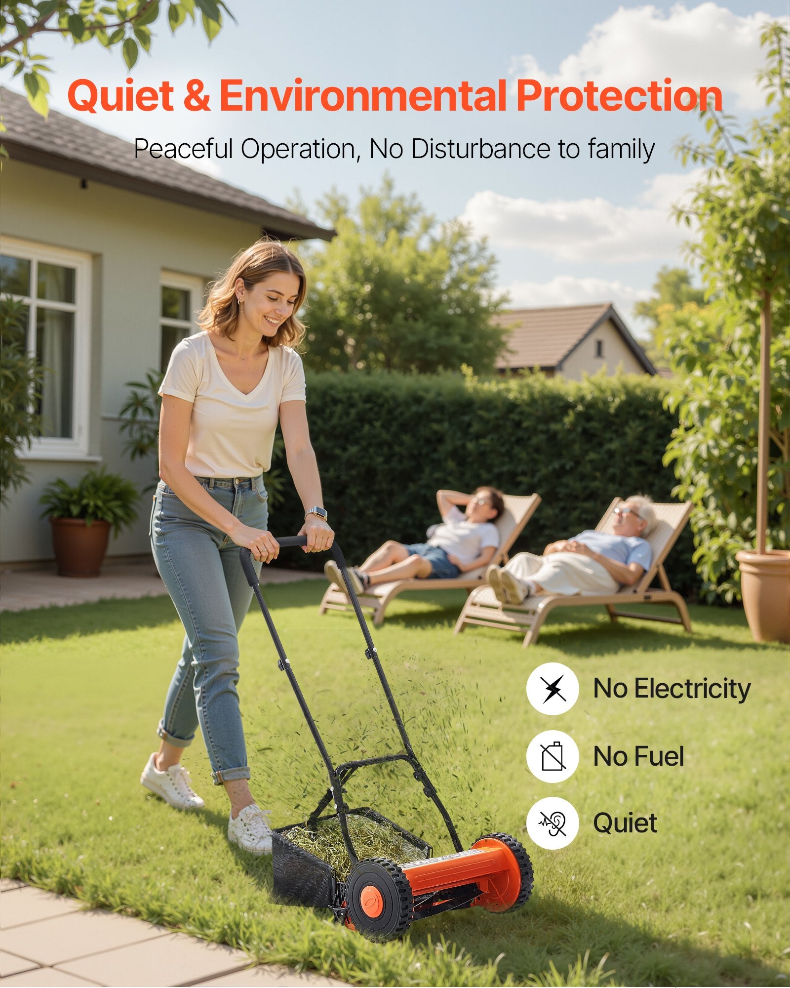 VEVOR Push Reel Lawn Mower 40 cm, 5 Blades Manual Push Mower No Motor, 15-45 mm Adjustable Cutting Height, Walk-Behind Lawn Mowers with Grass Catcher Bag for Green Lawns, Driveways, Courtyards