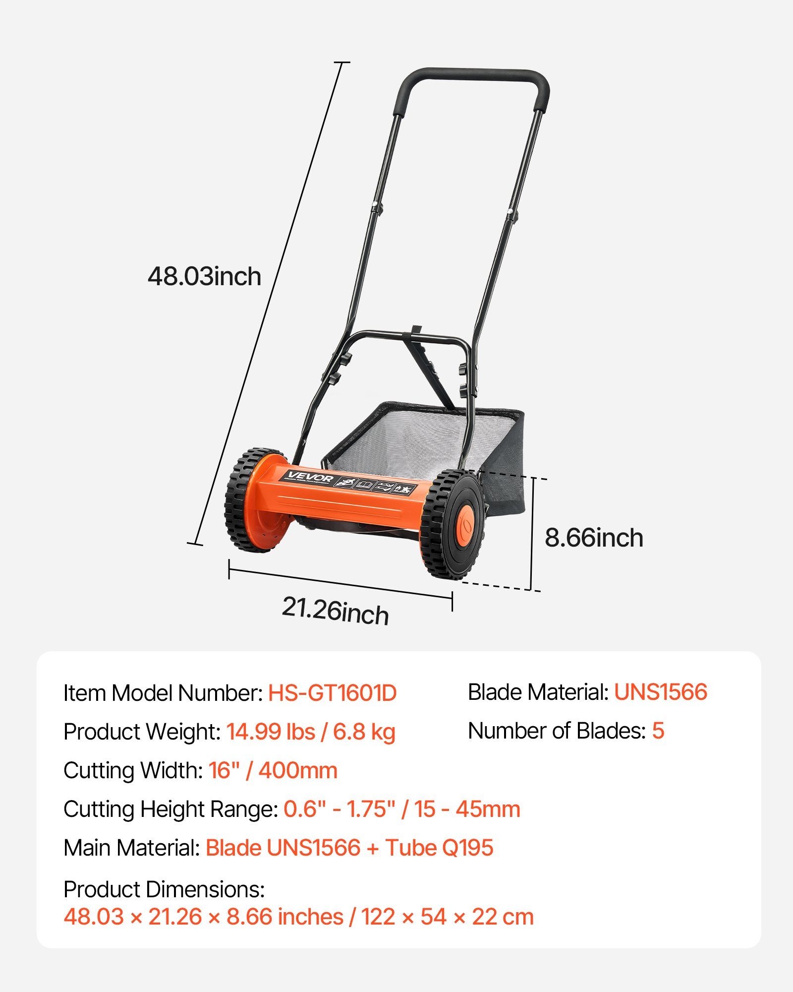 VEVOR Push Reel Lawn Mower 40 cm, 5 Blades Manual Push Mower No Motor, 15-45 mm Adjustable Cutting Height, Walk-Behind Lawn Mowers with Grass Catcher Bag for Green Lawns, Driveways, Courtyards