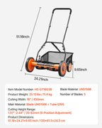 VEVOR Push Reel Lawn Mower 45 cm, 5 Blades Manual Push Mower No Motor, 35- 62mm Adjustable Cutting Height, Walk-Behind Lawn Mowers with Grass Catcher Bag for Green Lawns, Driveways, Courtyards