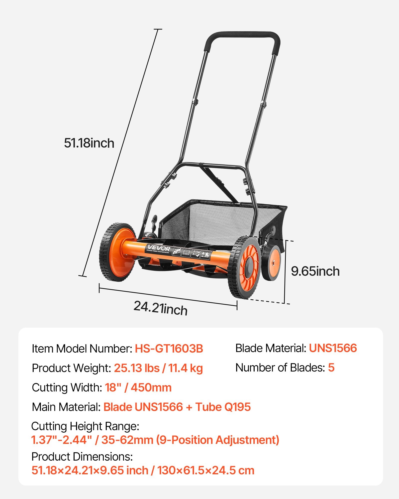 VEVOR Push Reel Lawn Mower 45 cm, 5 Blades Manual Push Mower No Motor, 35- 62mm Adjustable Cutting Height, Walk-Behind Lawn Mowers with Grass Catcher Bag for Green Lawns, Driveways, Courtyards