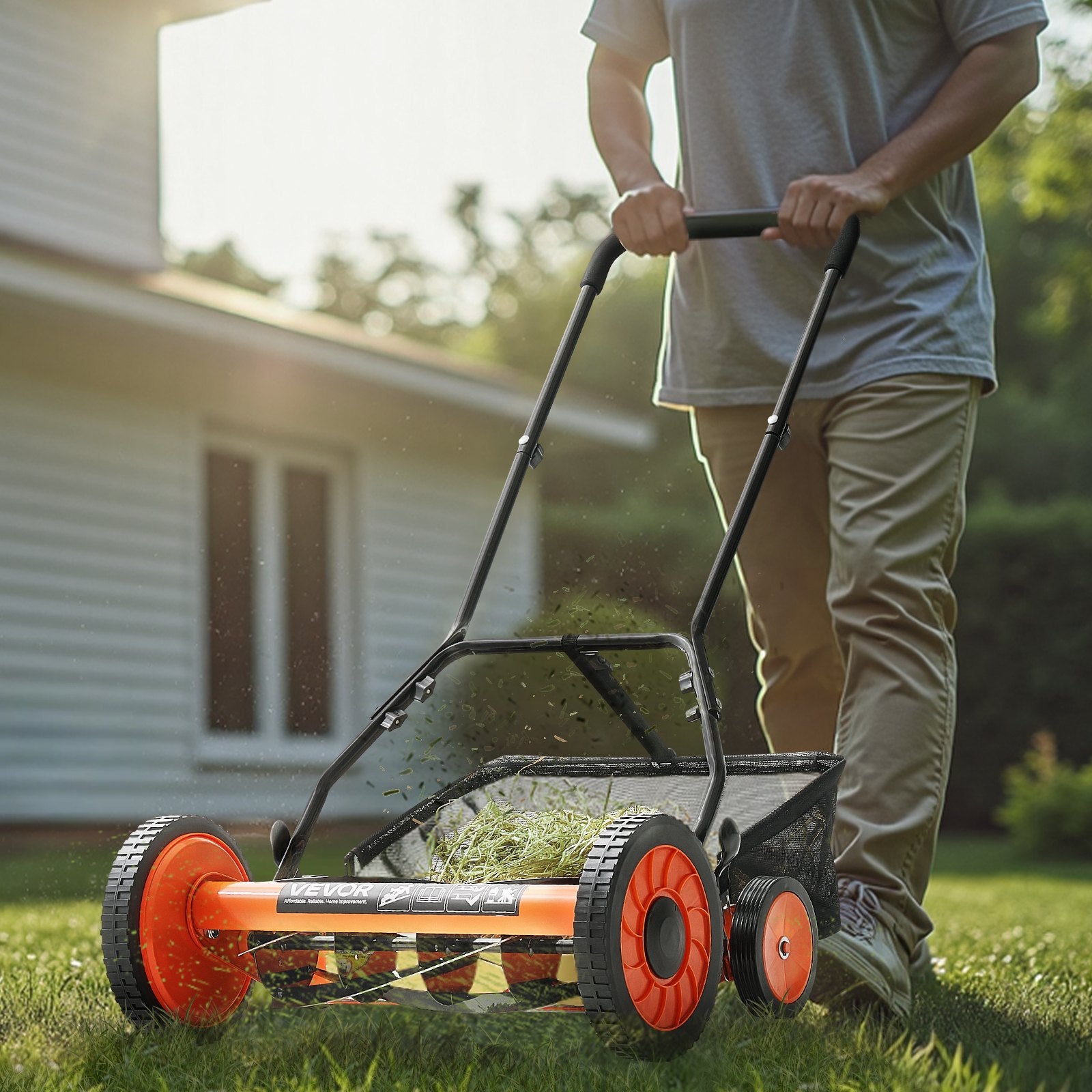 VEVOR Push Reel Lawn Mower 45 cm, 5 Blades Manual Push Mower No Motor, 35- 62mm Adjustable Cutting Height, Walk-Behind Lawn Mowers with Grass Catcher Bag for Green Lawns, Driveways, Courtyards