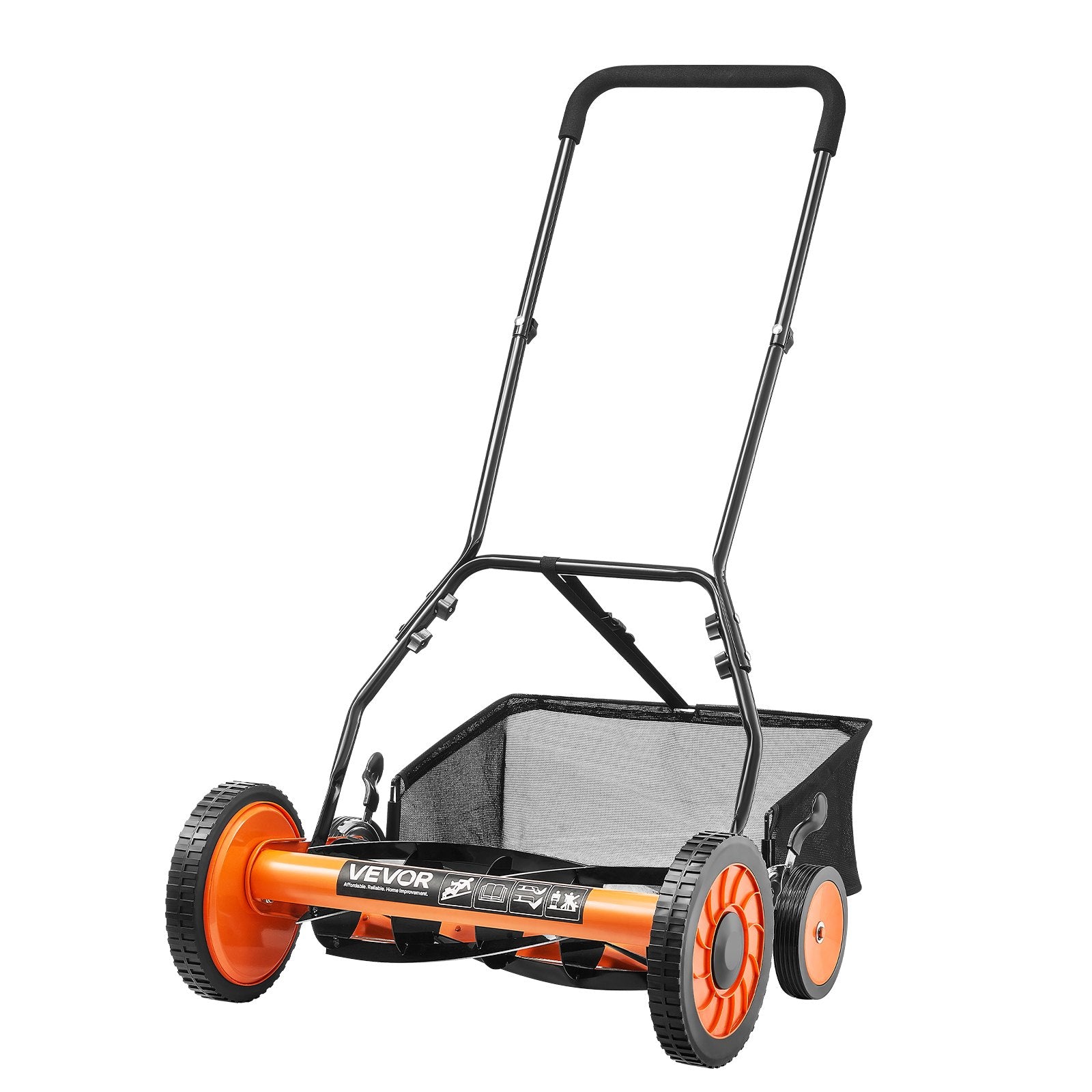 VEVOR Push Reel Lawn Mower 45 cm, 5 Blades Manual Push Mower No Motor, 35- 62mm Adjustable Cutting Height, Walk-Behind Lawn Mowers with Grass Catcher Bag for Green Lawns, Driveways, Courtyards