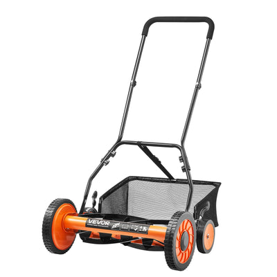 VEVOR Push Reel Lawn Mower 45 cm, 5 Blades Manual Push Mower No Motor, 35- 62mm Adjustable Cutting Height, Walk-Behind Lawn Mowers with Grass Catcher Bag for Green Lawns, Driveways, Courtyards
