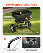 VEVOR Tow Behind Broadcast Spreader, 130LBS Capacity, Tow/Push Garden Spreader with 13 in Tires, 30 Adjustable Setting & 9.8 ft Spreading Width, Lawn Spreaders for Seed, Fertilizer, Salt, Ice Melt