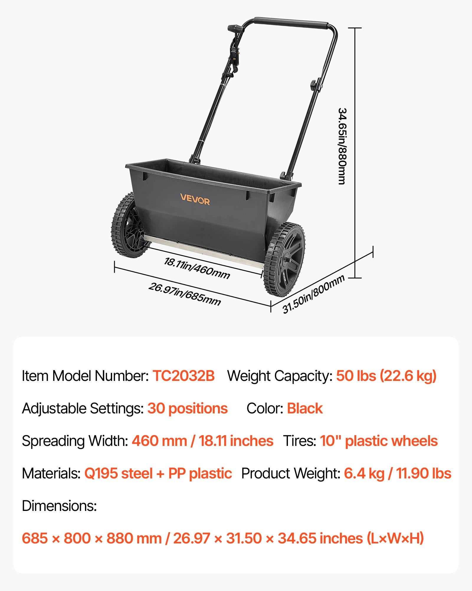 VEVOR Walk-Behind Push Spreader, 50LBS Capacity, Drop Spreader with Hopper Grate, 18 in Spreading Width & 30 Settings, 10 in All Terrain Tires, Garden & Lawn Spreaders for Seed, Fertilizer