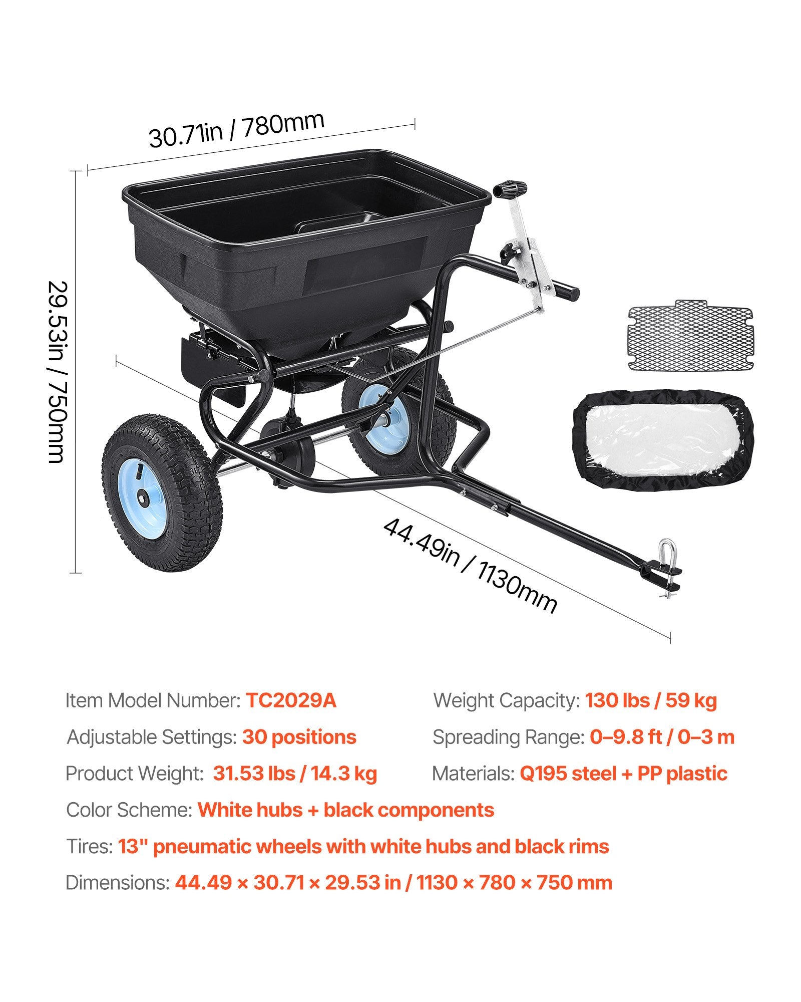 VEVOR Tow Behind Broadcast Spreader, 130LBS Capacity, Tow/Push Garden Spreader with 13 in Tires, 30 Adjustable Setting & 9.8 ft Spreading Width, Lawn Spreaders for Seed, Fertilizer, Salt, Ice Melt