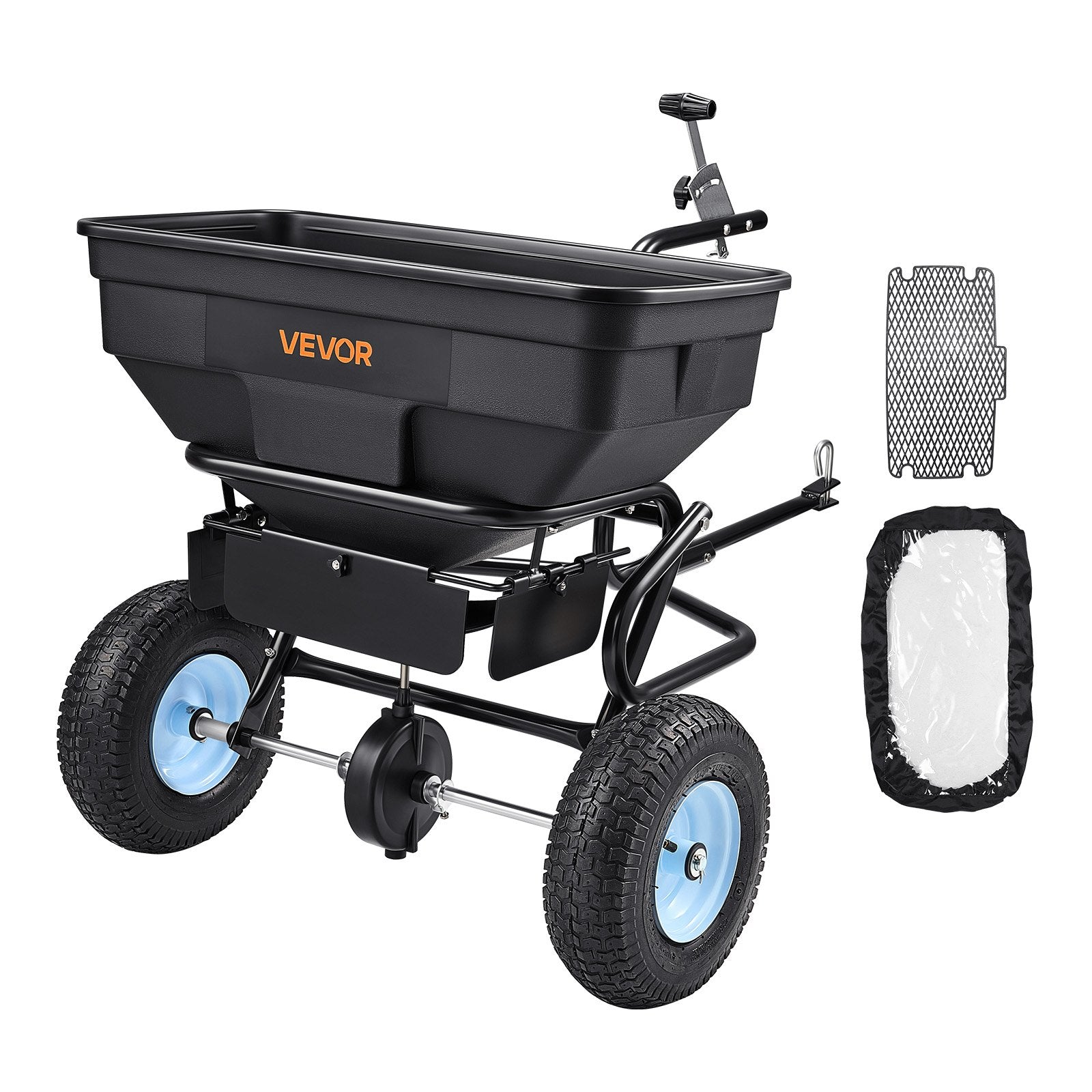 VEVOR Tow Behind Broadcast Spreader, 130LBS Capacity, Tow/Push Garden Spreader with 13 in Tires, 30 Adjustable Setting & 9.8 ft Spreading Width, Lawn Spreaders for Seed, Fertilizer, Salt, Ice Melt