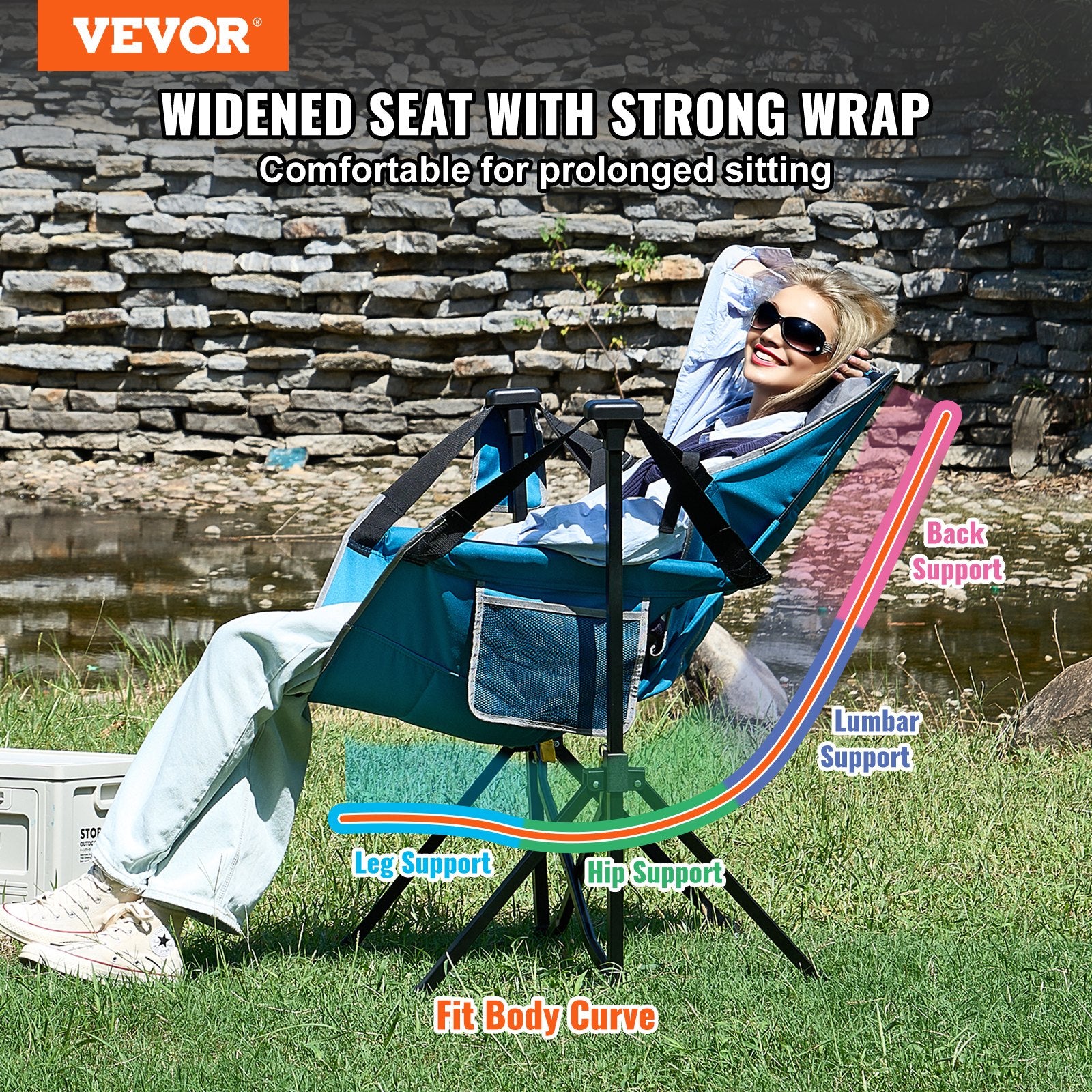 VEVOR Reclining Camping Chair, 300 lbs Load Camping Hammock Chair, Rocking Lounge Folding Chair with Cup Holder Storage Bag Headrest & Adjustable Backrest, for Camping and Other Outdoor Activities
