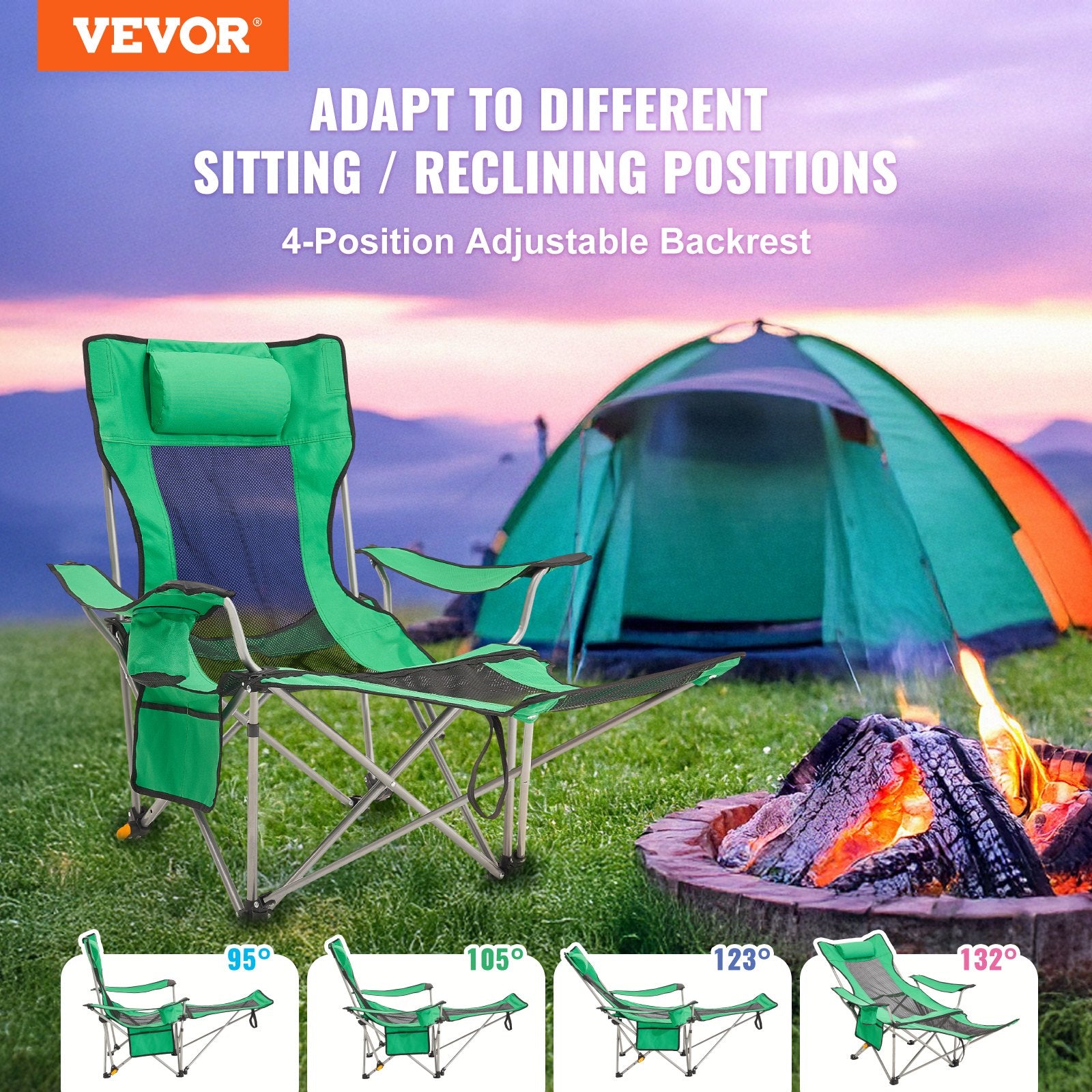 VEVOR Reclining Camping Chair, 330 lbs Portable Camping Chair, 4 Position Load Folding Camping Chair with Footrest, Cup Holder, Side Pocket and Headrest, for Camping, Fishing and Outdoor Activities