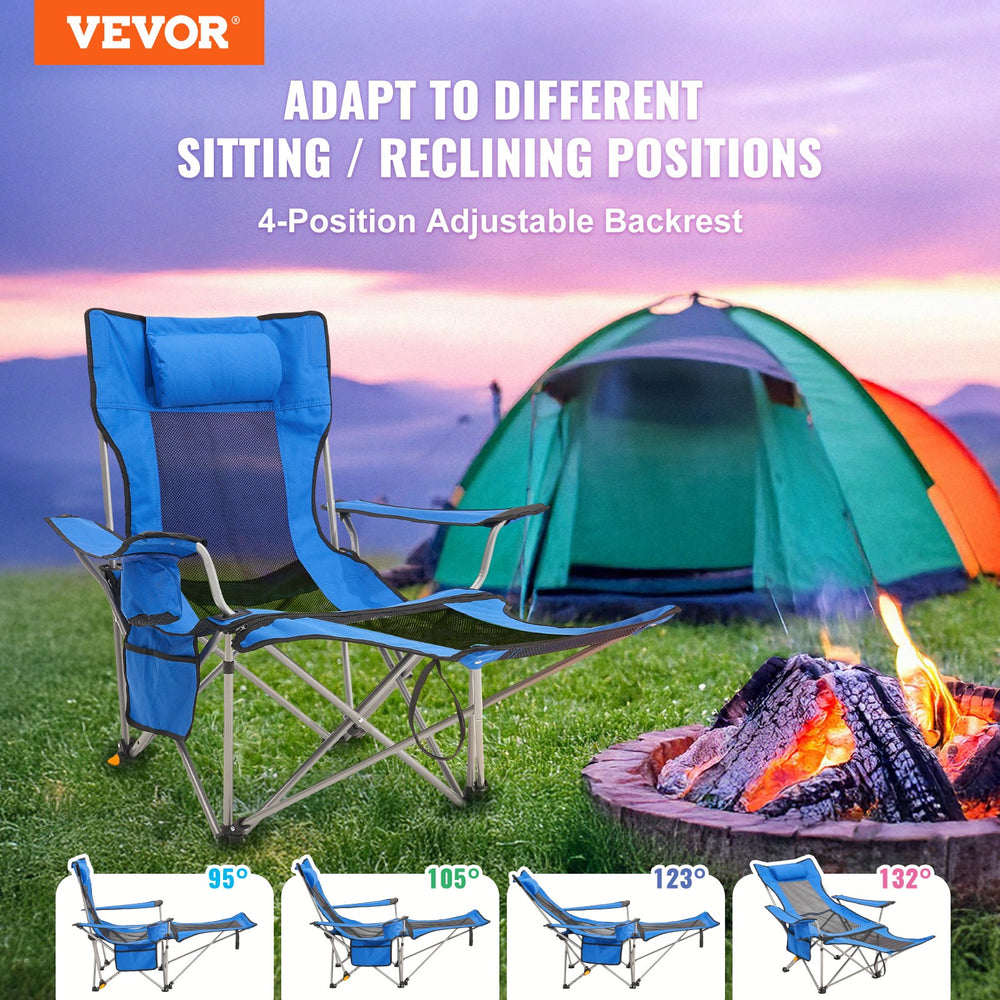 VEVOR Reclining Camping Chair, 330 lbs Folding Camping Chair, 4 Position Load Portable Camping Chair with Footrest, Cup Holder, Side Pocket and Headrest, for Camping, Fishing and Outdoor Activities