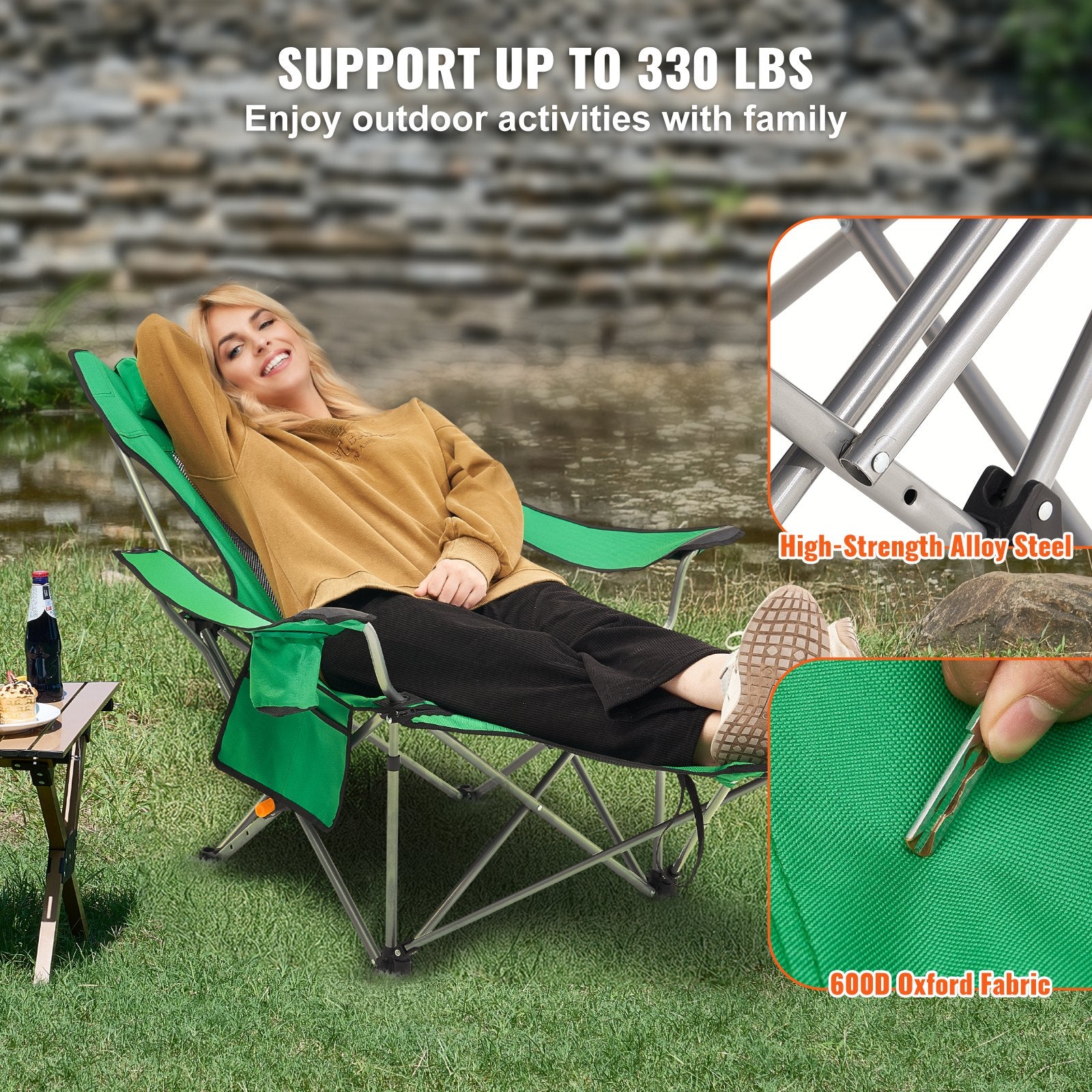 VEVOR Reclining Camping Chair, 330 lbs Portable Camping Chair, 4 Position Load Folding Camping Chair with Footrest, Cup Holder, Side Pocket and Headrest, for Camping, Fishing and Outdoor Activities