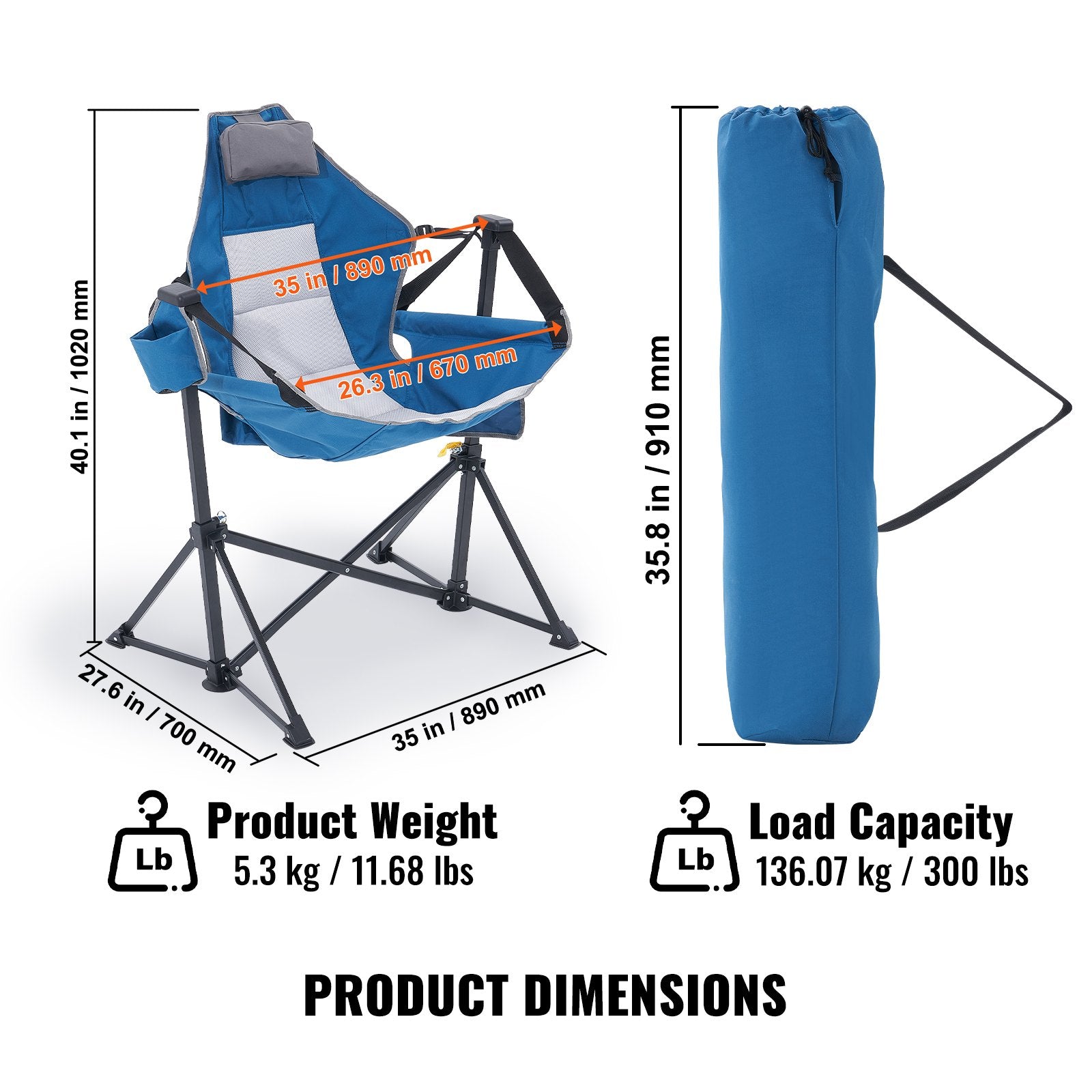 VEVOR Reclining Camping Chair, 300 lbs Load Camping Hammock Chair, Rocking Lounge Folding Chair with Cup Holder Storage Bag Headrest & Adjustable Backrest, for Camping and Other Outdoor Activities
